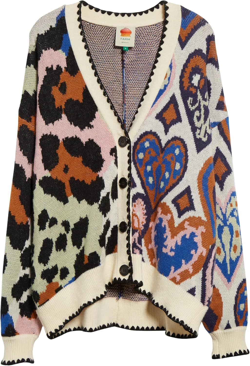 Farm Rio Women's Mixed Knit Cardigan, Hearts Ikat Cream