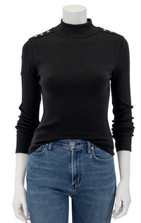 Veronica Beard Women's Nate Turtleneck Top w/Buttons, Black, L2