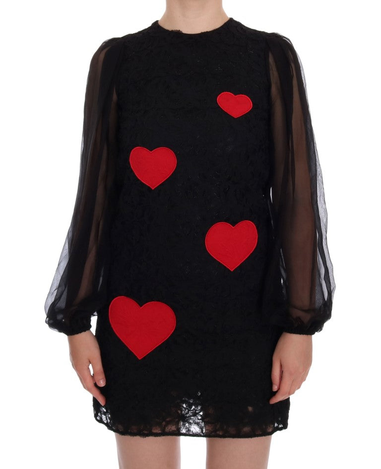 Dolce & Gabbana Elegant Black Lace Heart Applique Shift Women's Dress