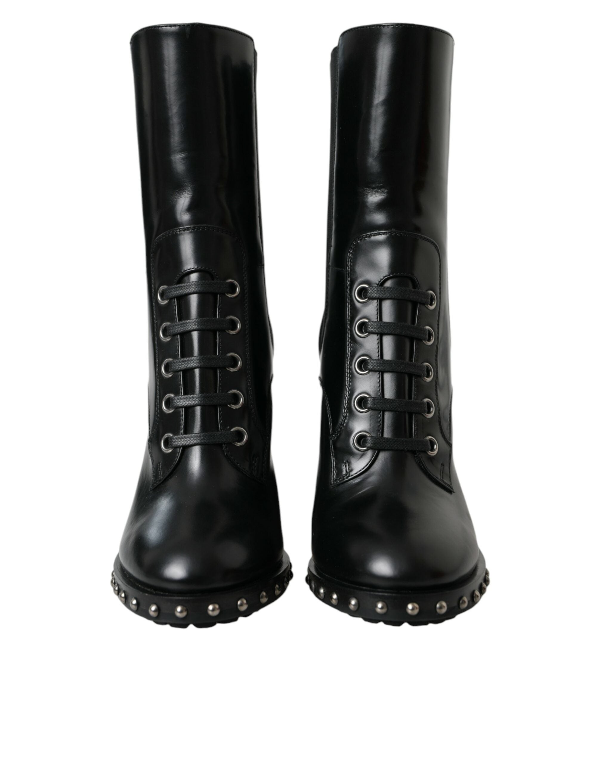 Dolce & Gabbana Black Leather Studded Lace Up Boots Women's Shoes