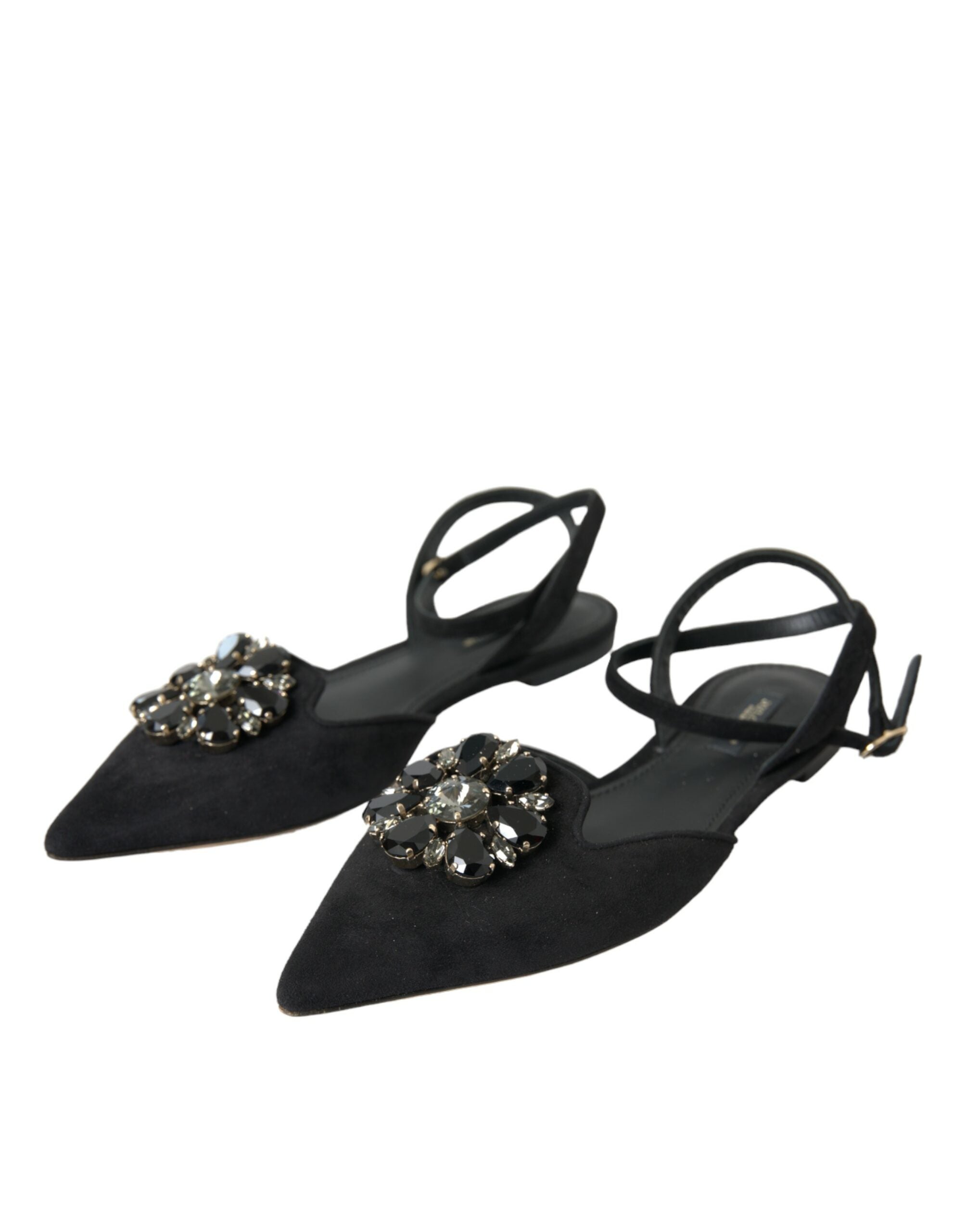 Dolce & Gabbana Black Leather Crystal Slingback Sandals Women's Shoes