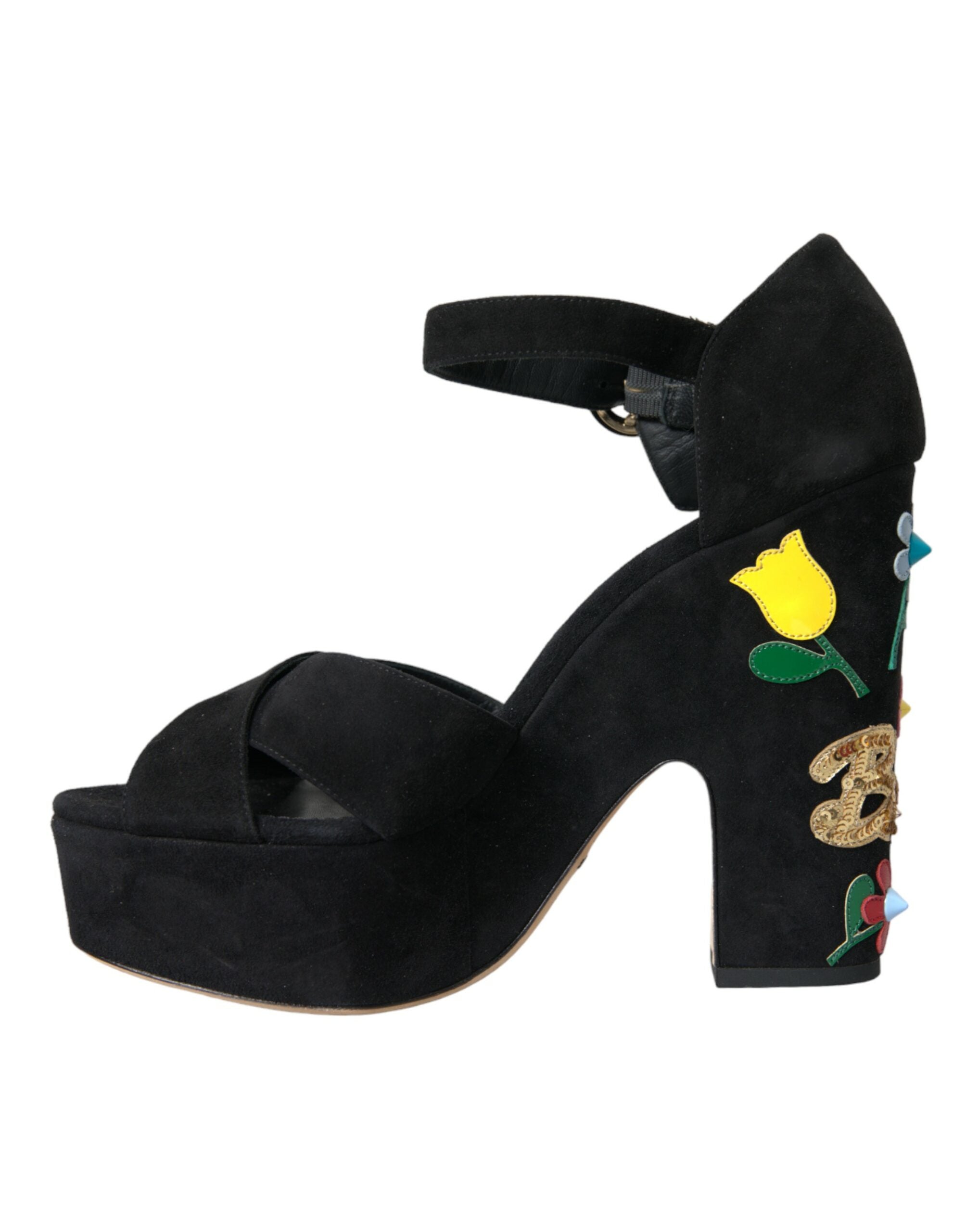 Dolce & Gabbana Black Suede Ankle Strap Heels Sandals Women's Shoes