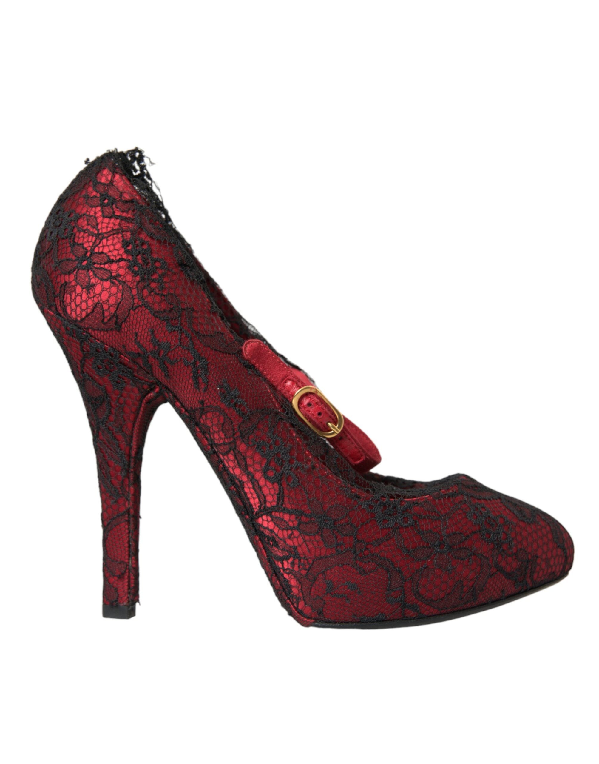 Dolce & Gabbana Red Black Floral Lace Mary Jane Pumps Women's Shoes