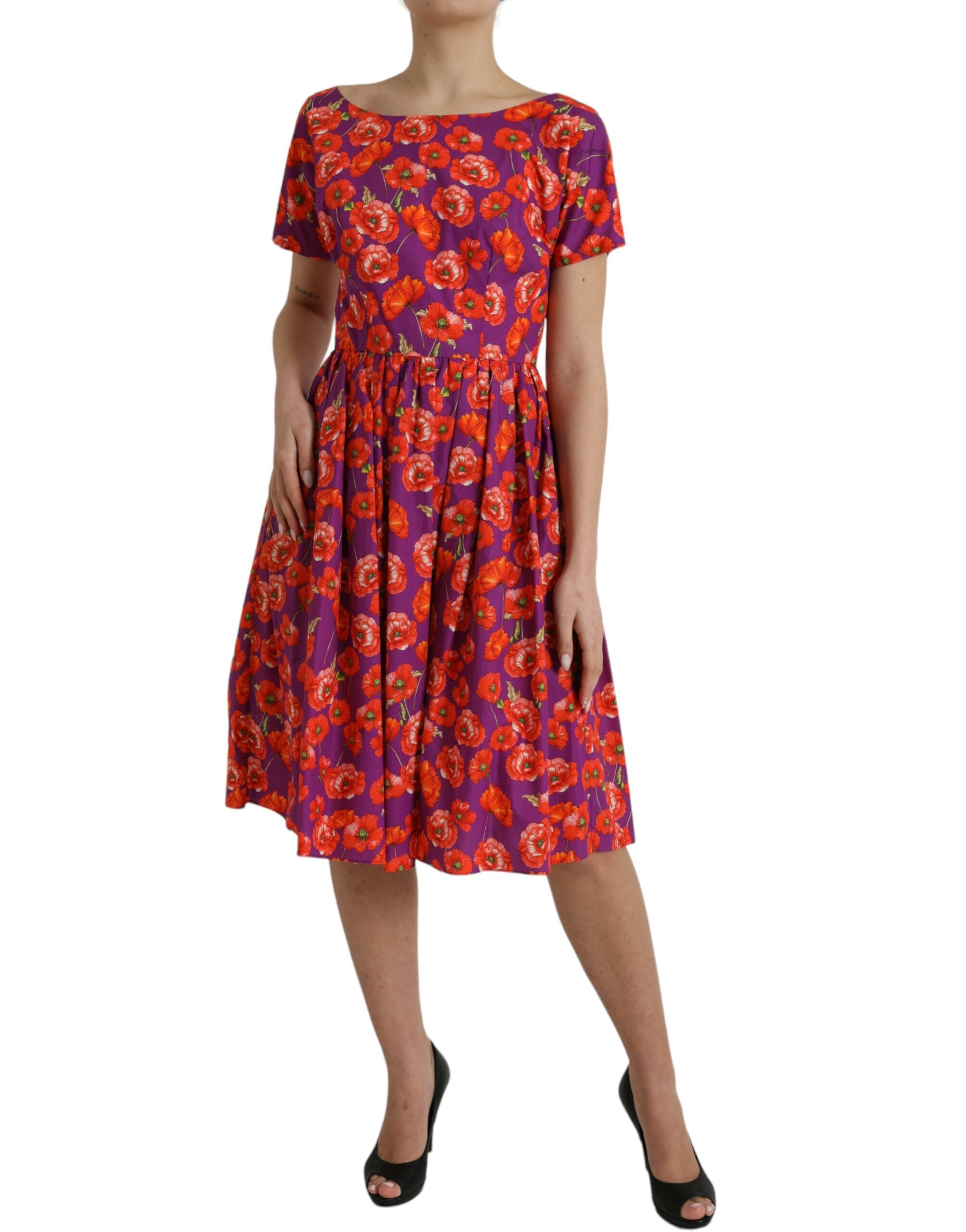 Dolce & Gabbana Multicolor Floral Cotton A-line Knee Length Women's Dress