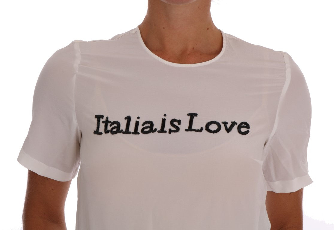 Dolce & Gabbana Silk Sequined 'Italia Is Love' White Women's Blouse