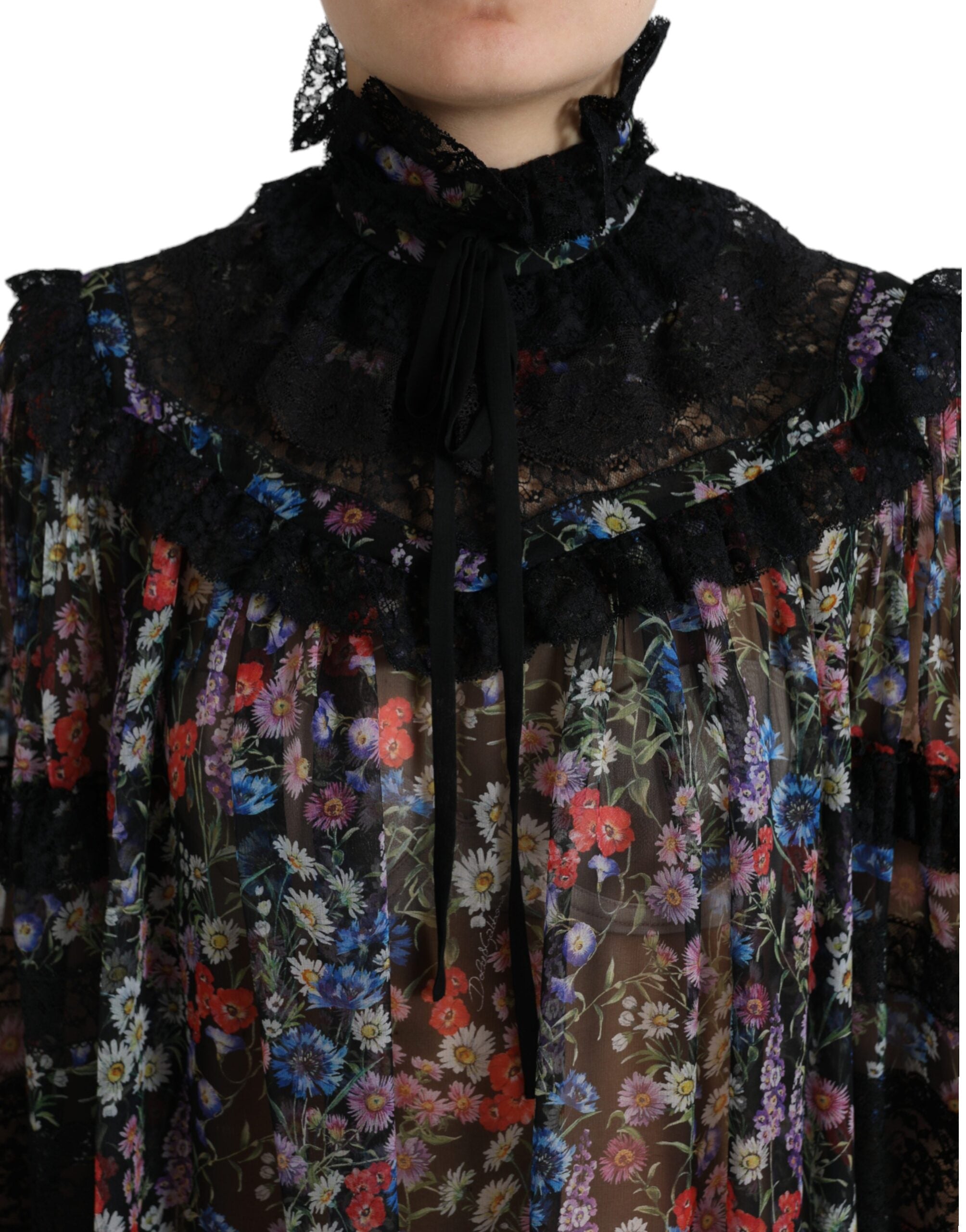 Dolce & Gabbana Elegant Floral Silk Blouse with Lace Women's Trim