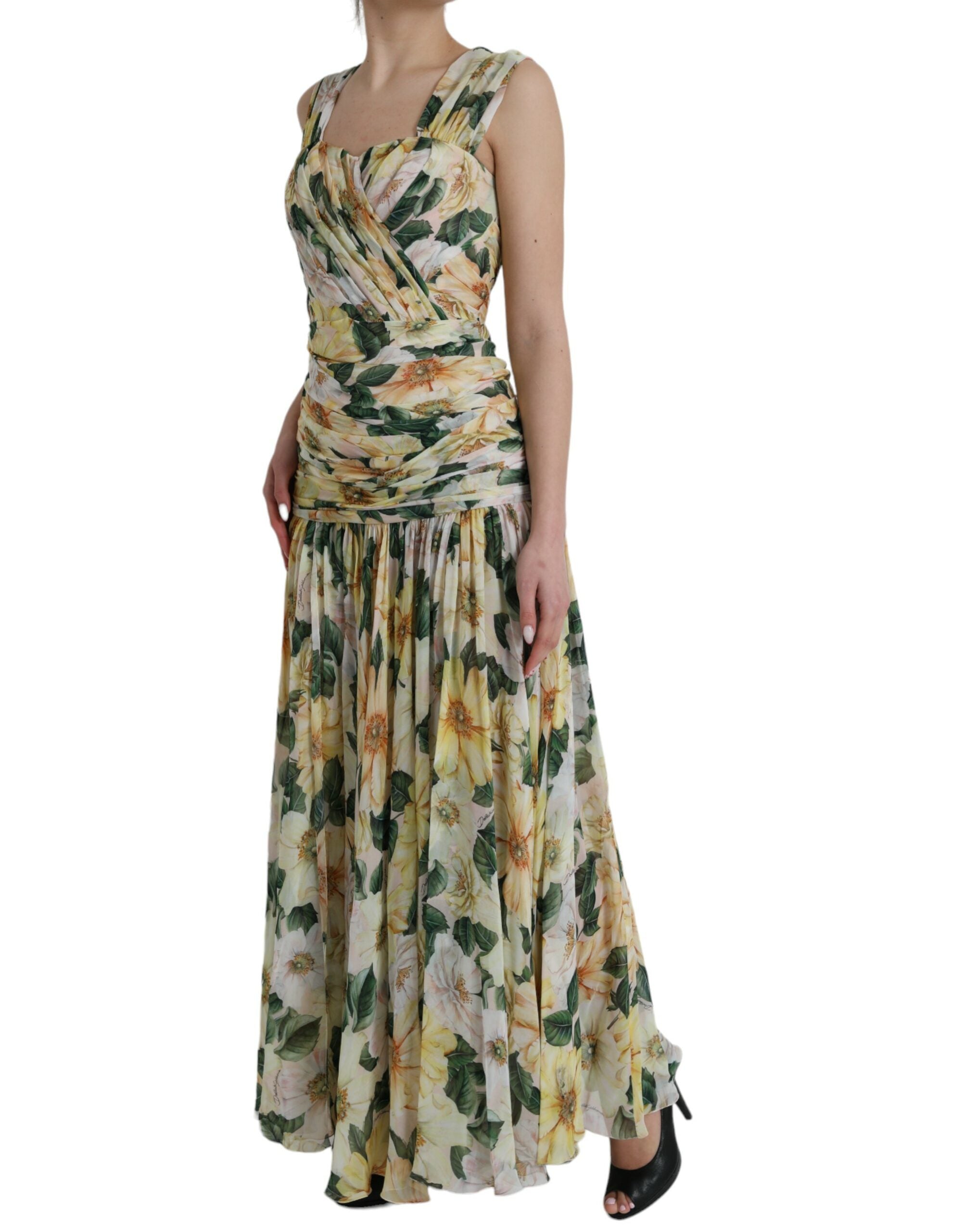 Dolce & Gabbana Yellow Floral Print Silk Pleated Maxi Women's Dress