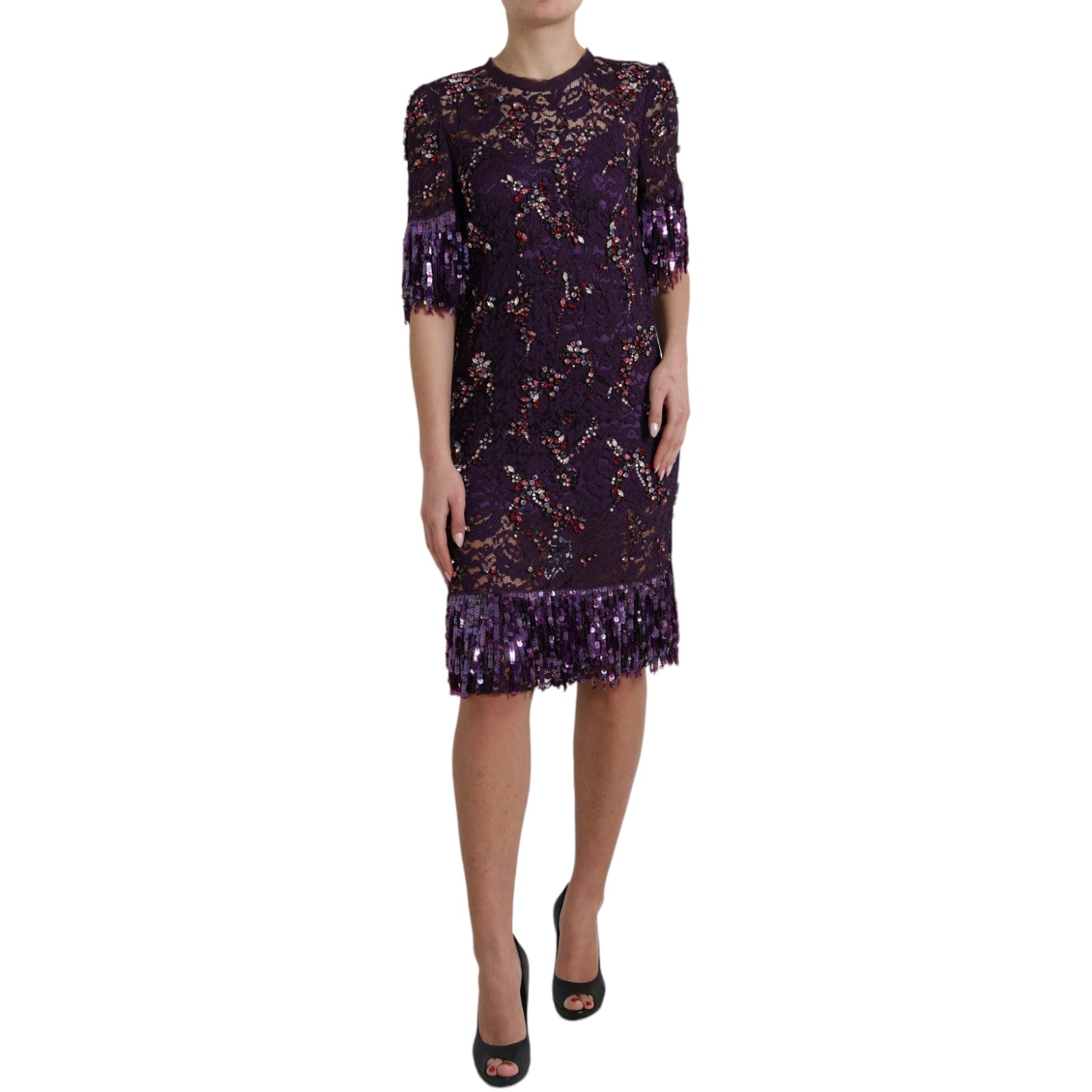 Dolce & Gabbana Elegant Purple Floral Lace Crystal Women's Dress