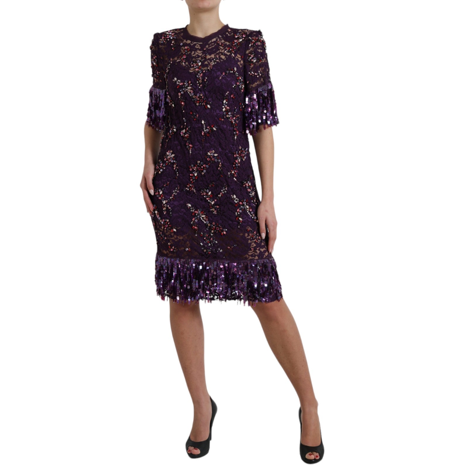 Dolce & Gabbana Elegant Purple Floral Lace Crystal Women's Dress