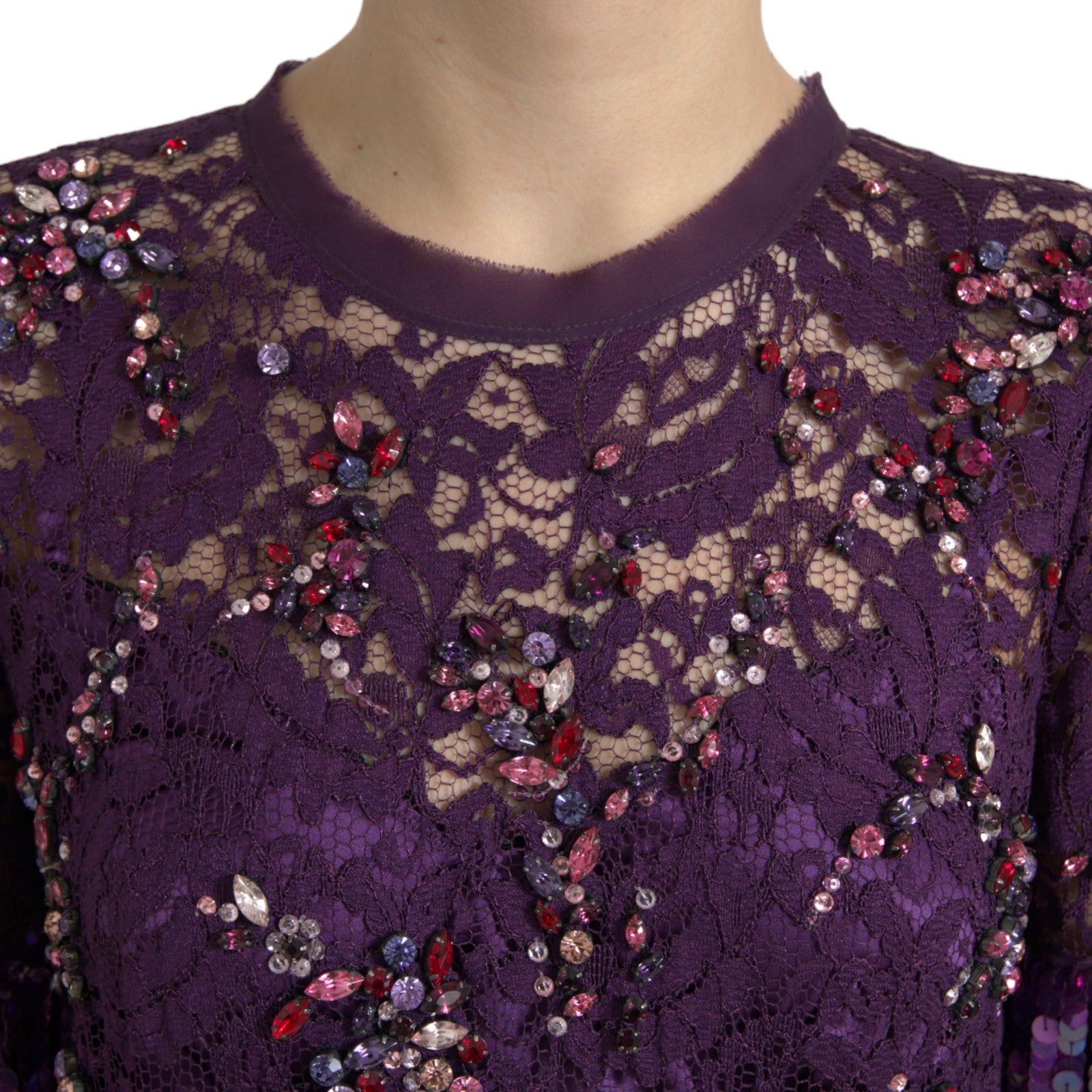 Dolce & Gabbana Elegant Purple Floral Lace Crystal Women's Dress