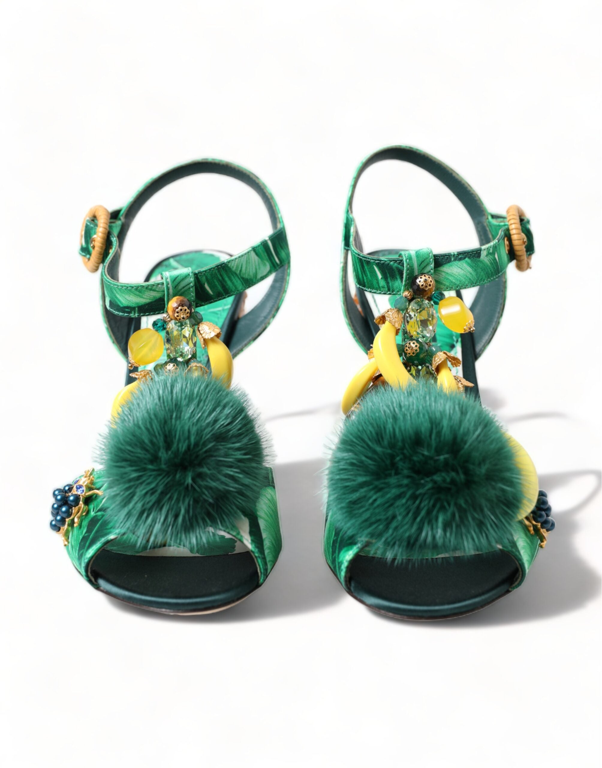 Dolce & Gabbana Green Crystal Mink Fur T-Strap Women's Sandals