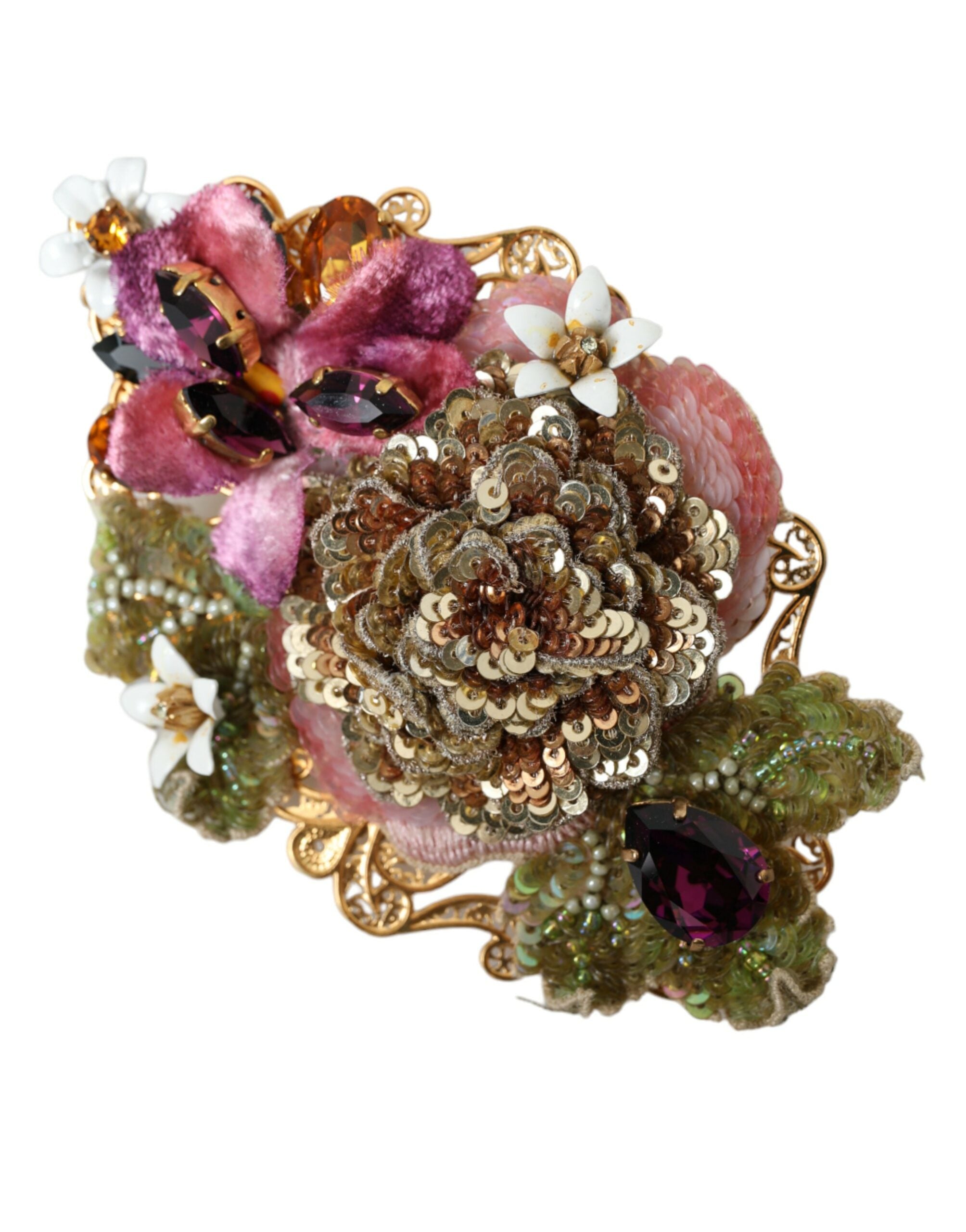 Dolce & Gabbana Gold Brass Floral Crystal Sequined Hair Women's Clip