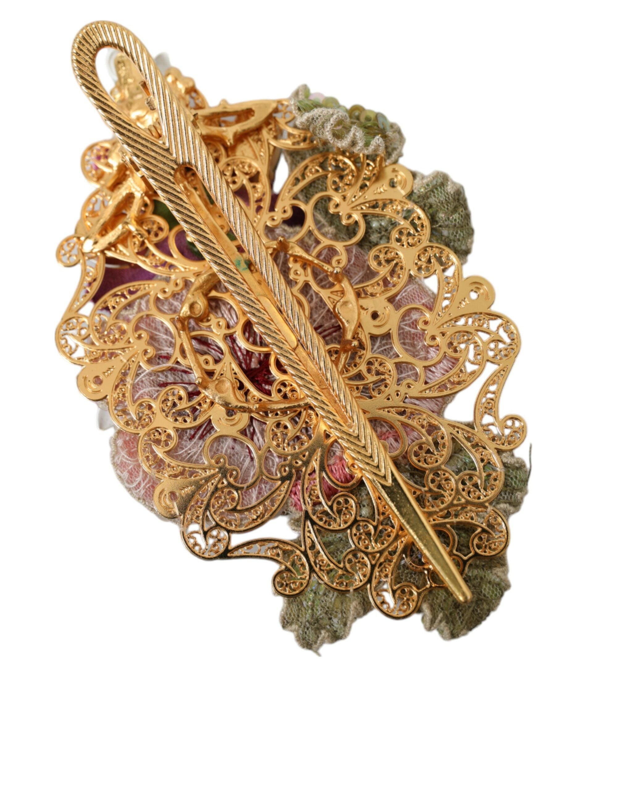 Dolce & Gabbana Gold Brass Floral Crystal Sequined Hair Women's Clip