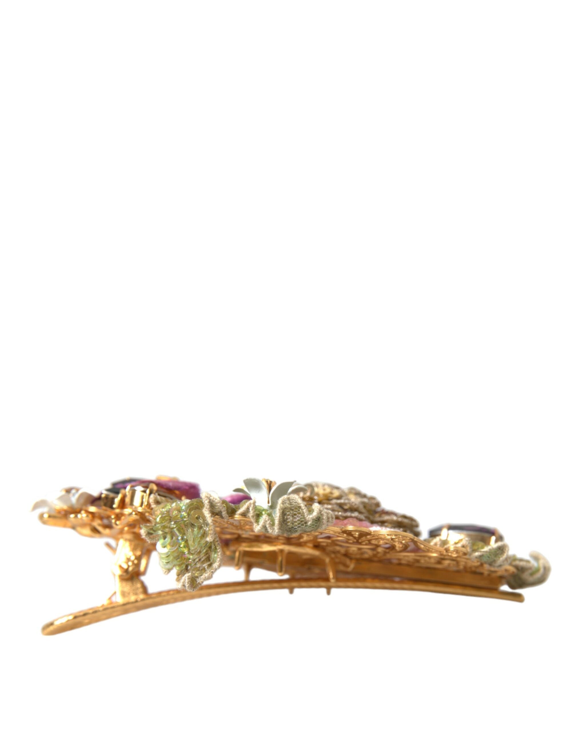 Dolce & Gabbana Gold Brass Floral Crystal Sequined Hair Women's Clip