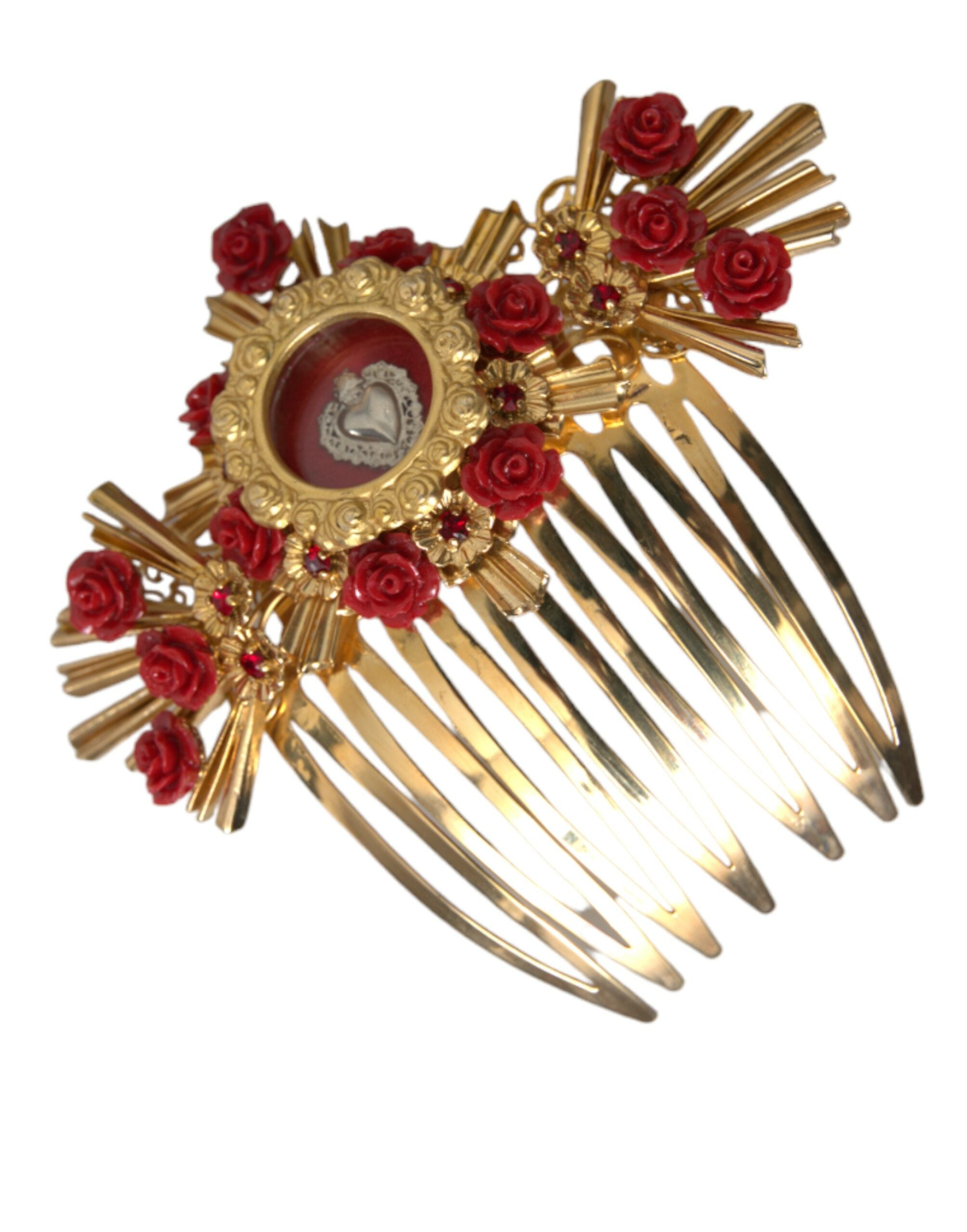 Dolce & Gabbana Gold Brass Crystal Heart Floral Hair Women's Comb