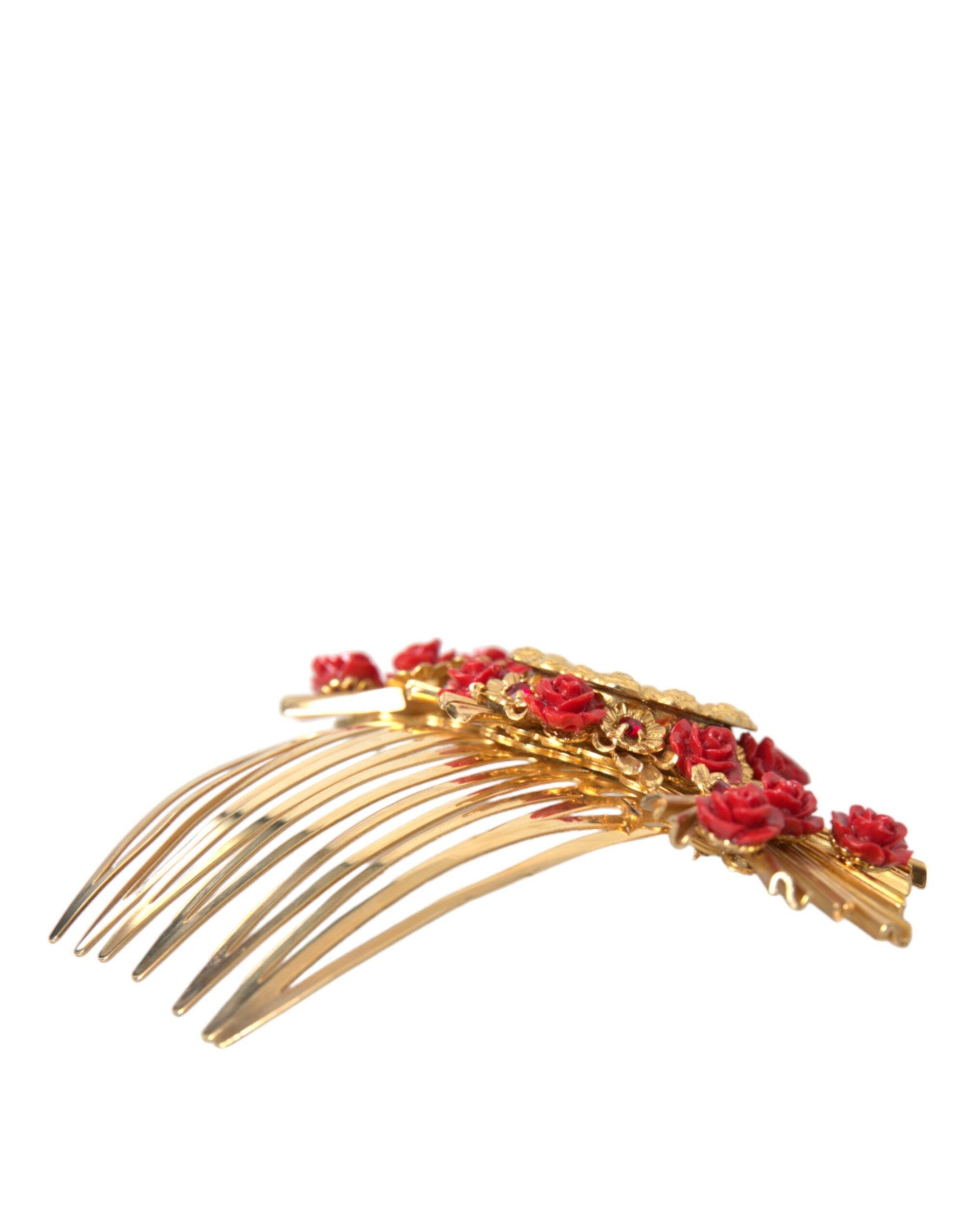 Dolce & Gabbana Gold Brass Crystal Heart Floral Hair Women's Comb