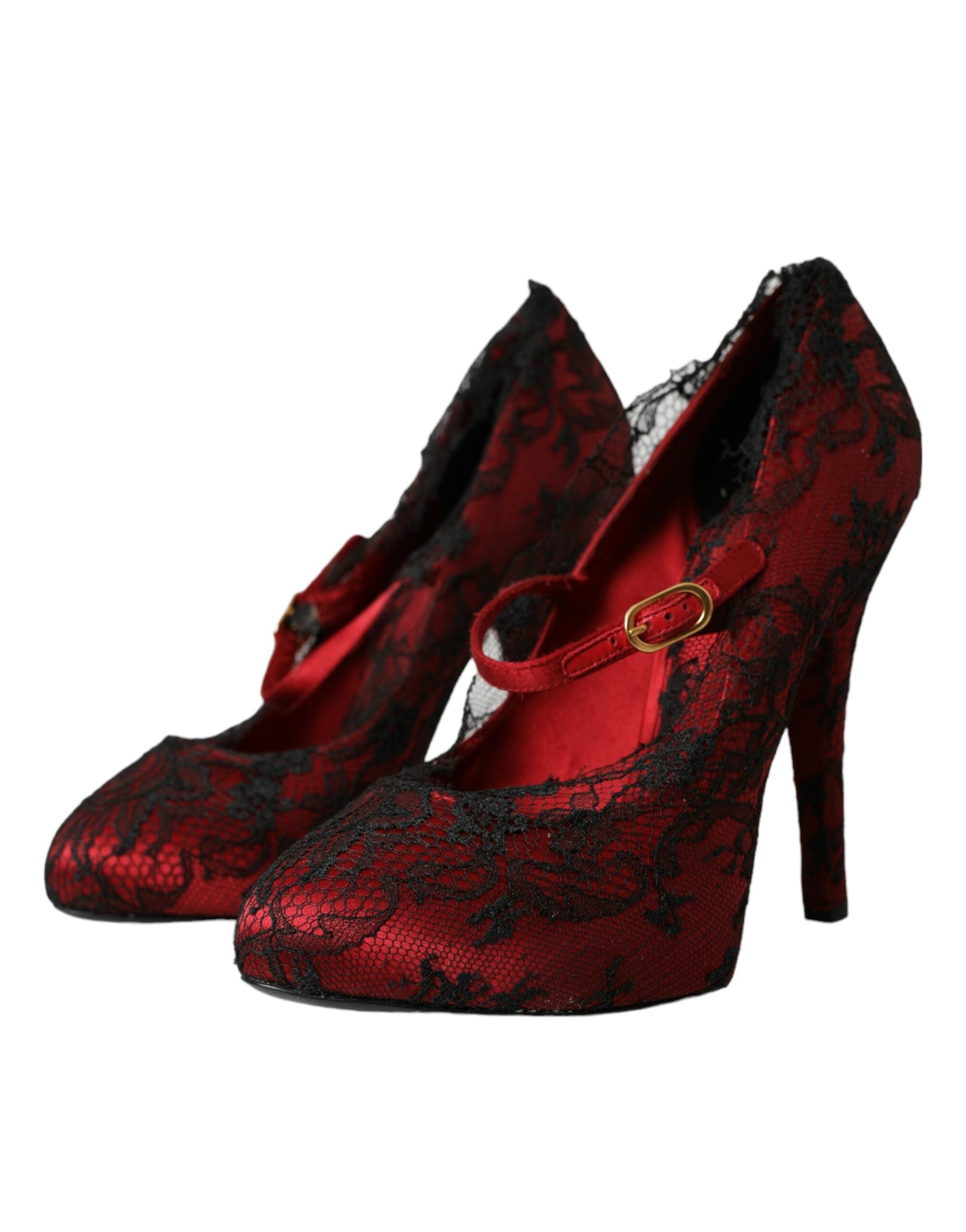 Dolce & Gabbana Red Black Floral Lace Mary Jane Pumps Women's Shoes