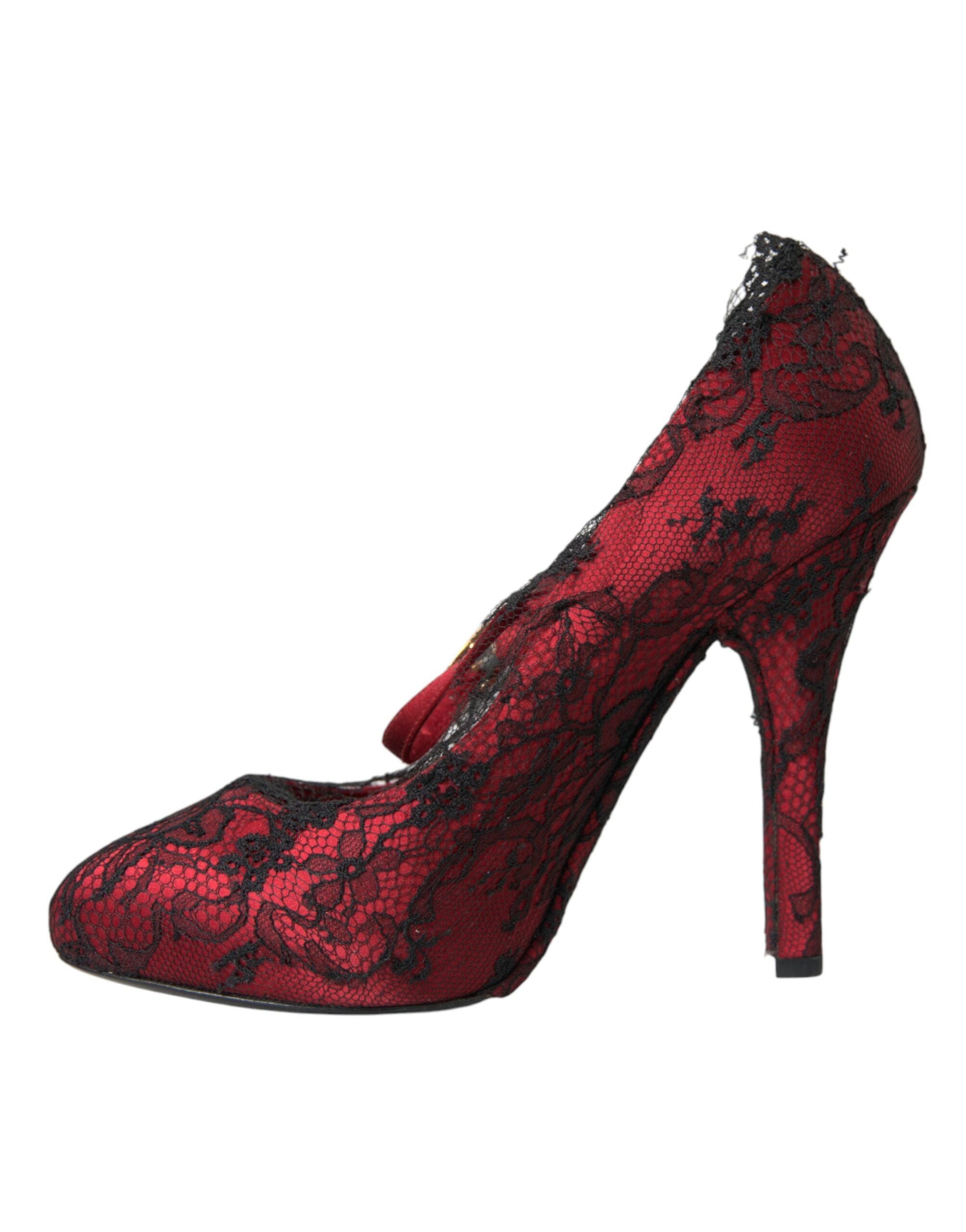 Dolce & Gabbana Red Black Floral Lace Mary Jane Pumps Women's Shoes