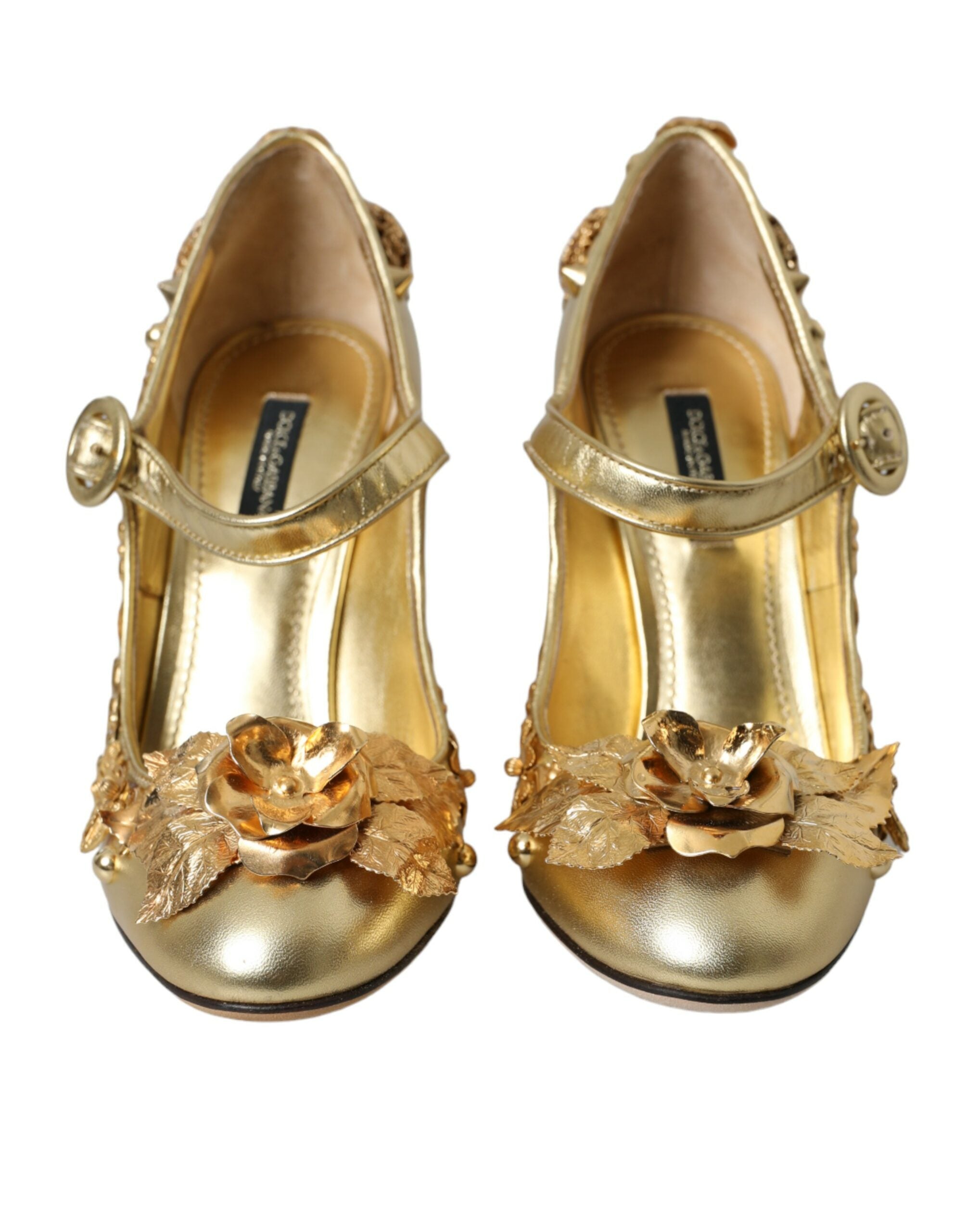 Dolce & Gabbana Gold Leather Crystal Mary Janes Pumps Women's Shoes