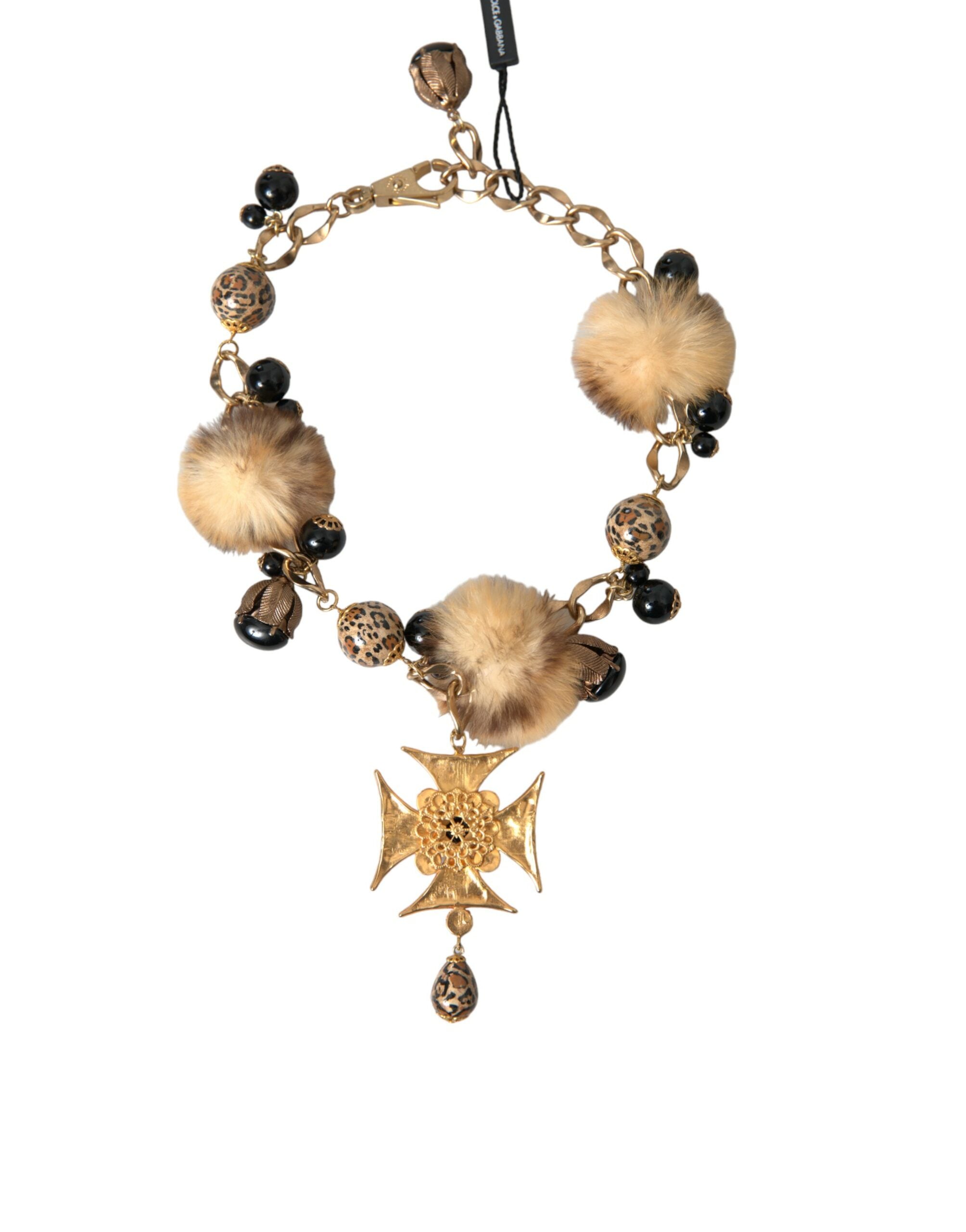 Dolce & Gabbana Gold Black Crystals Lapin Fur Filigree Chocker Women's Necklace