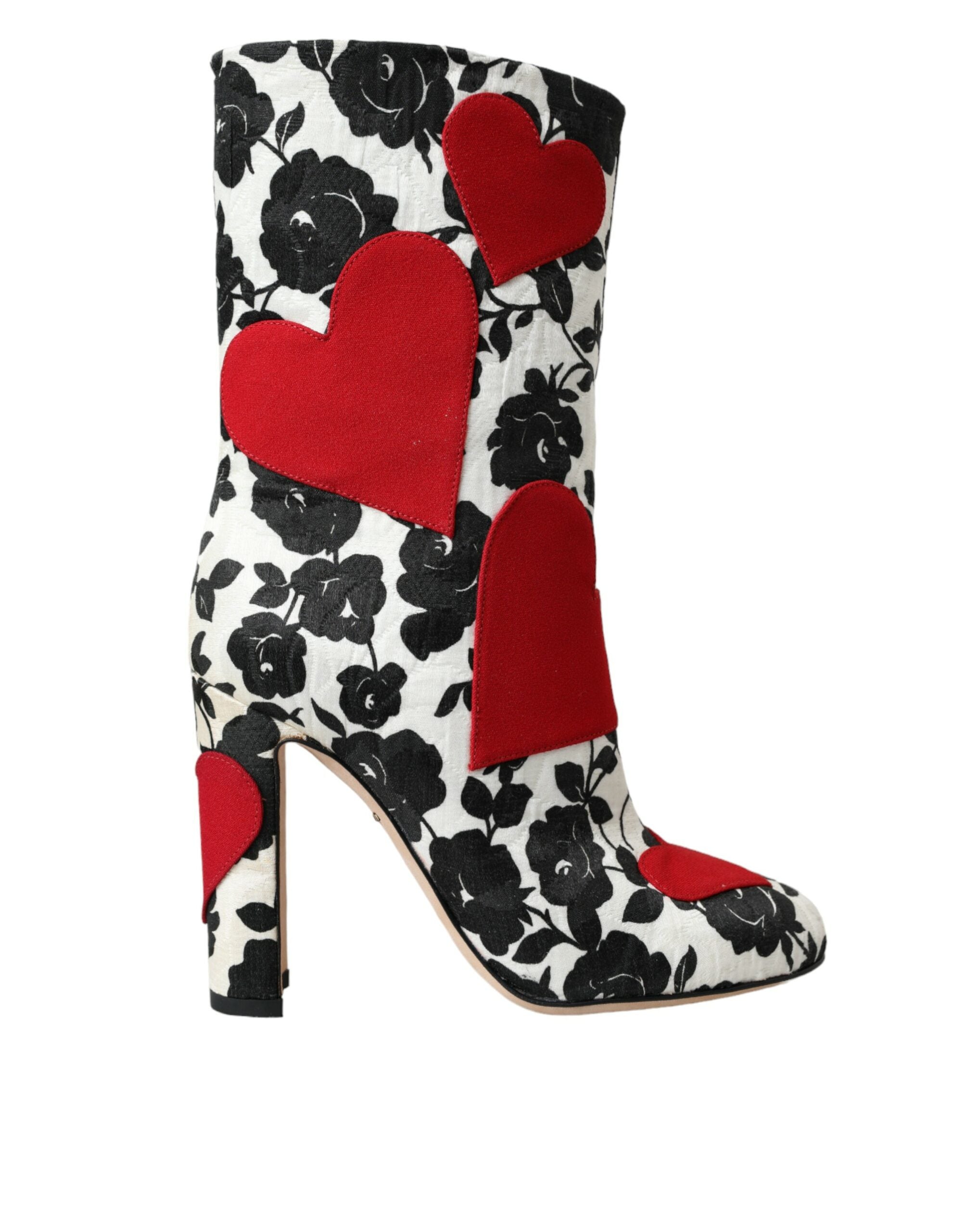 Dolce & Gabbana White Floral Hearts Leather High Boots Women's Shoes