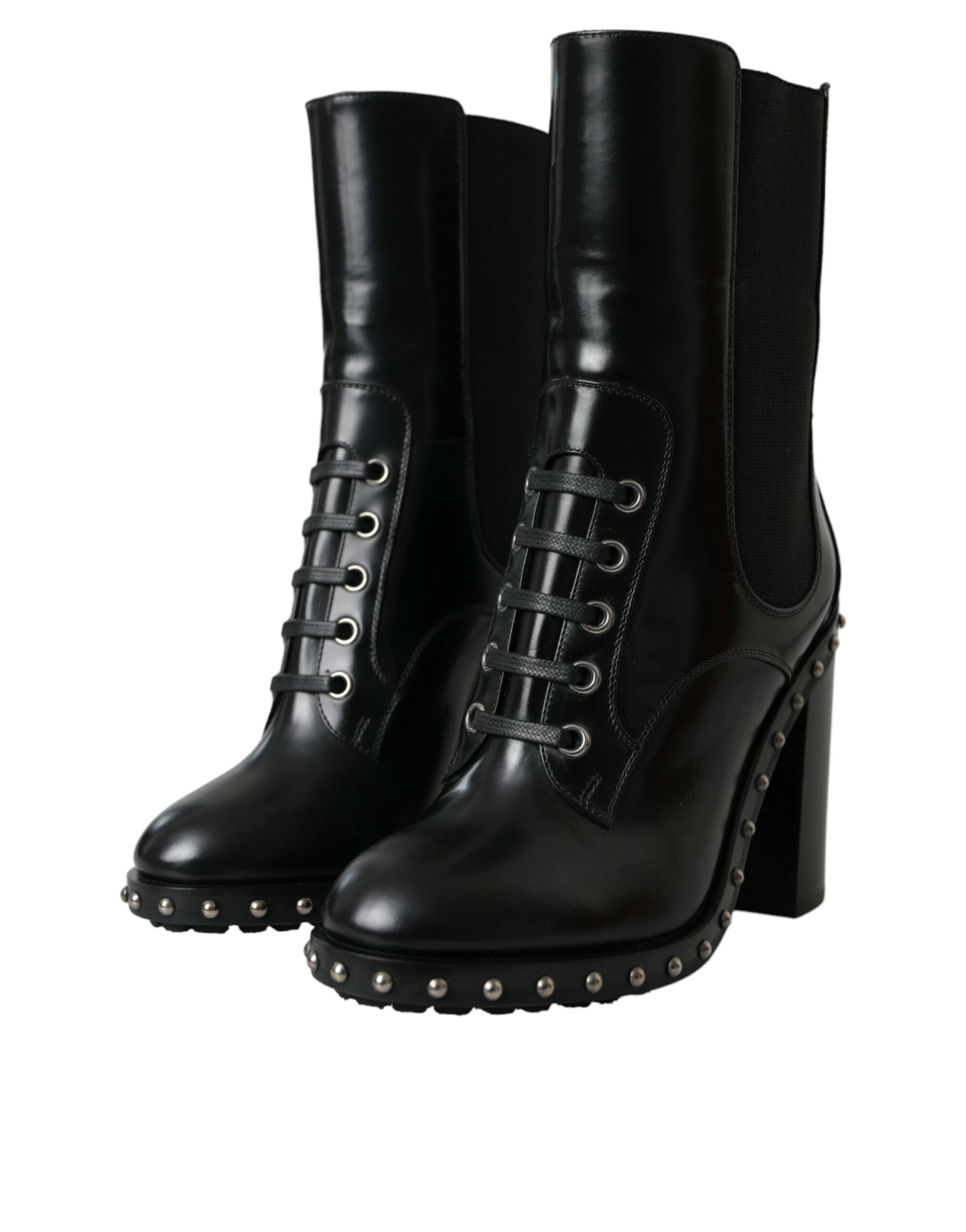 Dolce & Gabbana Black Leather Studded Lace Up Boots Women's Shoes