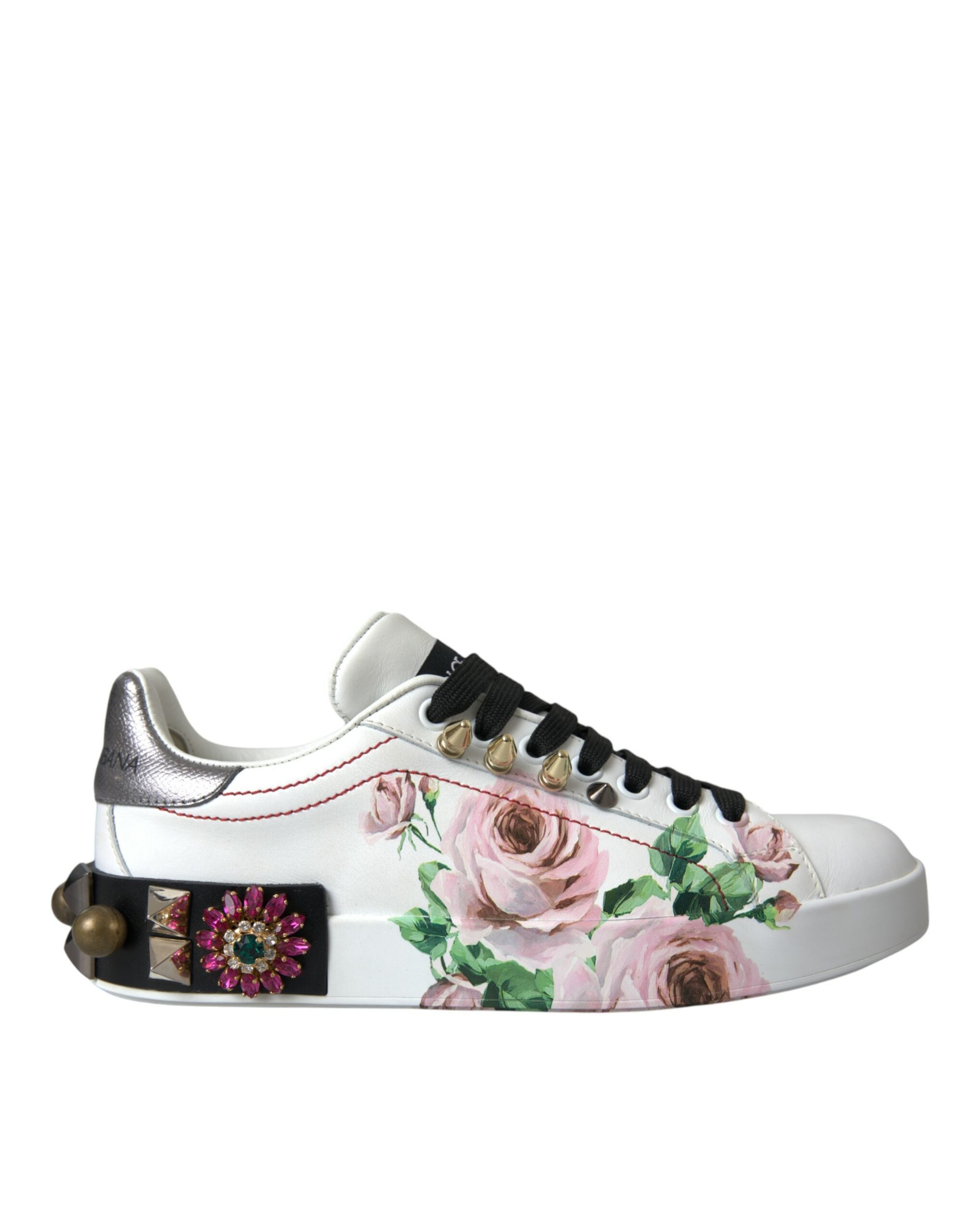 Dolce & Gabbana White Leather Crystal Roses Floral Sneakers Women's Shoes