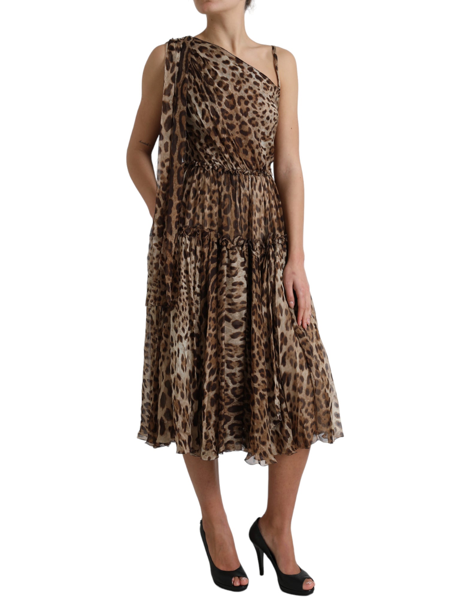 Dolce & Gabbana Elegant One-Shoulder Leopard Midi Women's Dress