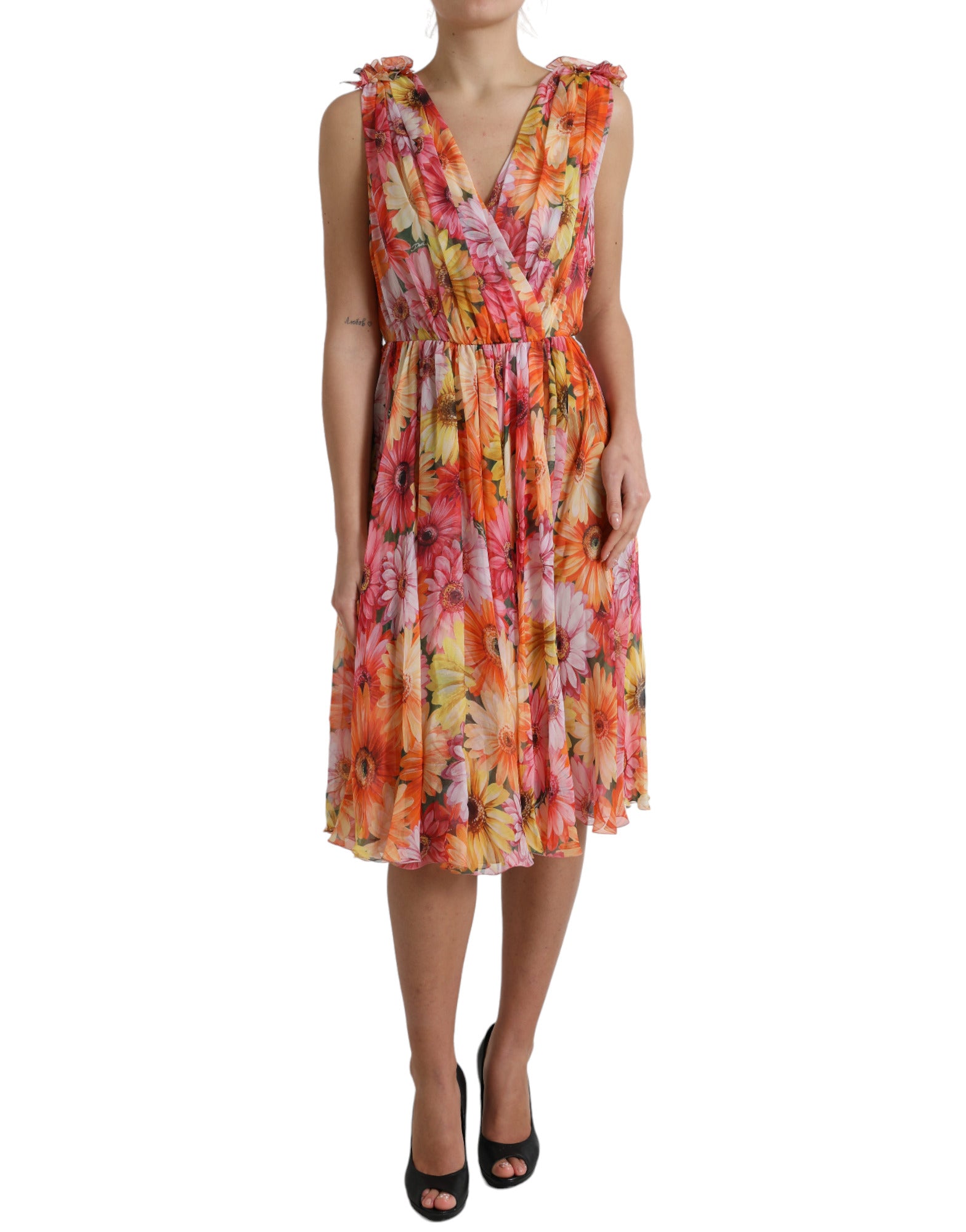 Dolce & Gabbana Elegant Floral Silk Midi Dress with Women's V-Neck