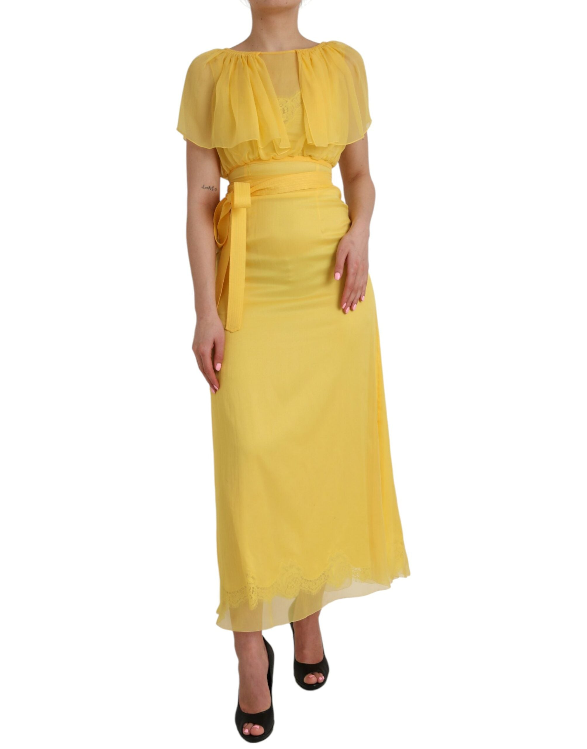 Dolce & Gabbana Yellow Silk Sheath Belted Long Maxi Women's Dress