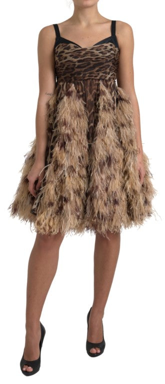 Dolce & Gabbana Sleeveless Leopard Chiffon Ostrich-Feather Women's Dress