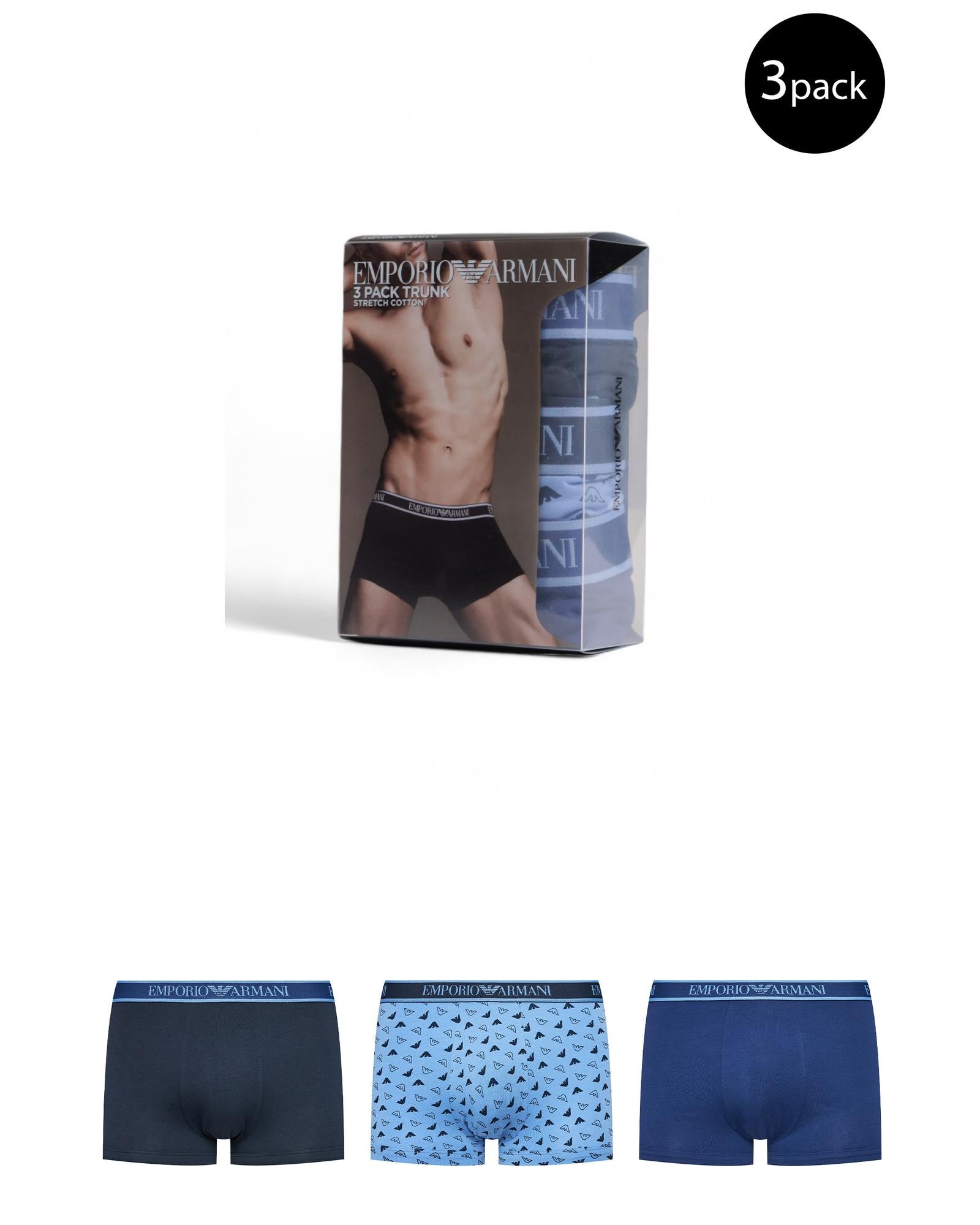 Emporio Armani Underwear Emporio Armani 3 Pack Trunk Underwear for Men - Stretch Cotton - Blue