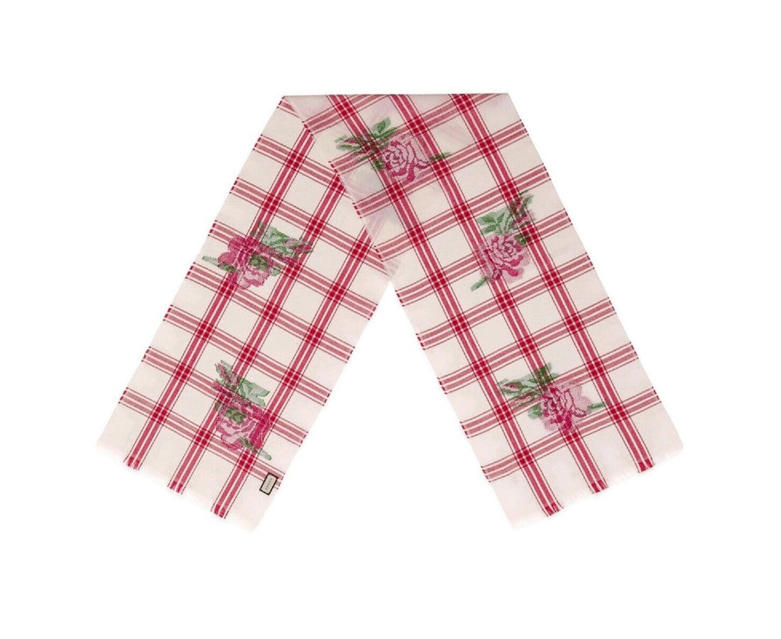 Gucci Unisex Off White Wool Plaid Rose Print Scarf Muffler