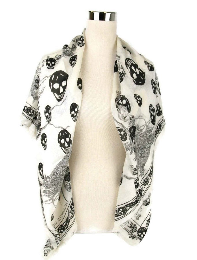 Alexander McQueen Women's Ivory / Black Modal / Wool Scarf Ophelia Skull Print