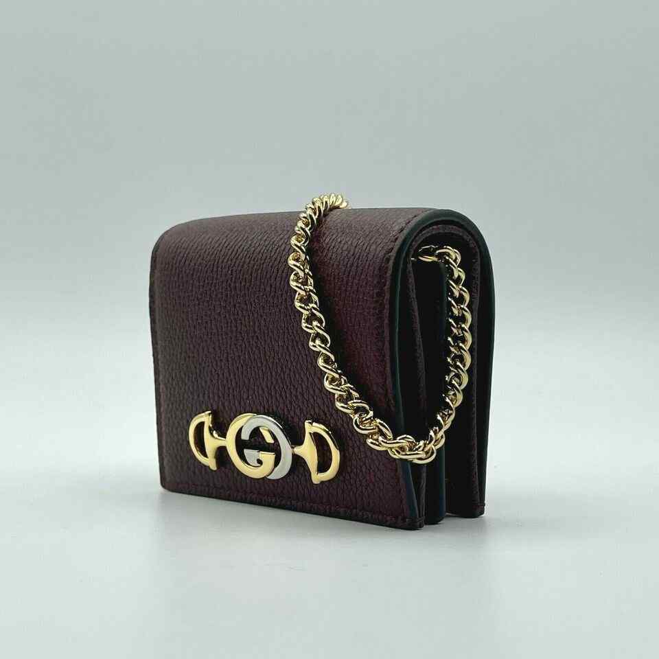 Gucci Women's Zumi Burgundy Leather Gold Chain Bi-Fold Mini Wallet w/box