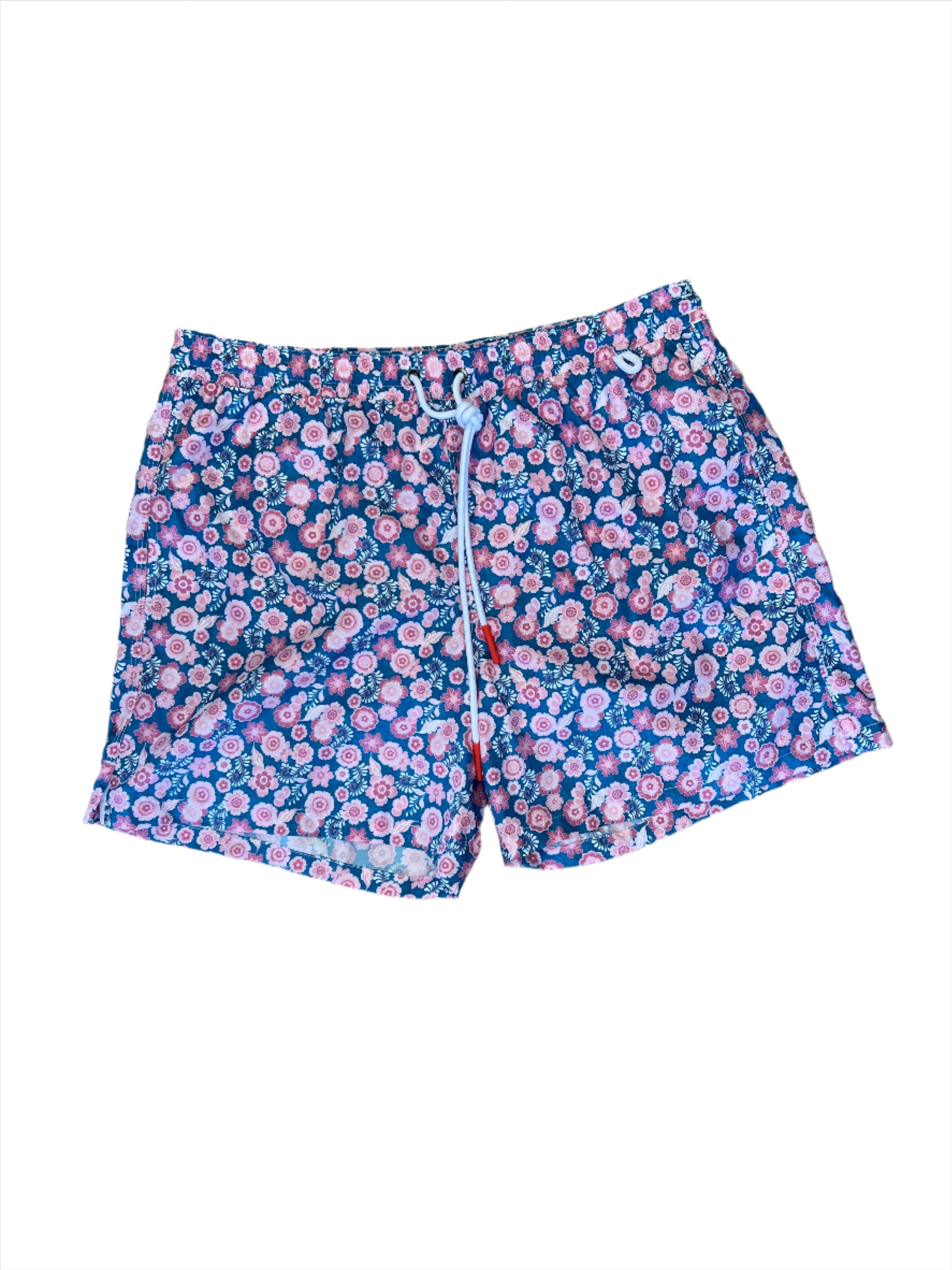 Isaia Mens Blue Pink Floral Patterned Swim Trunk1