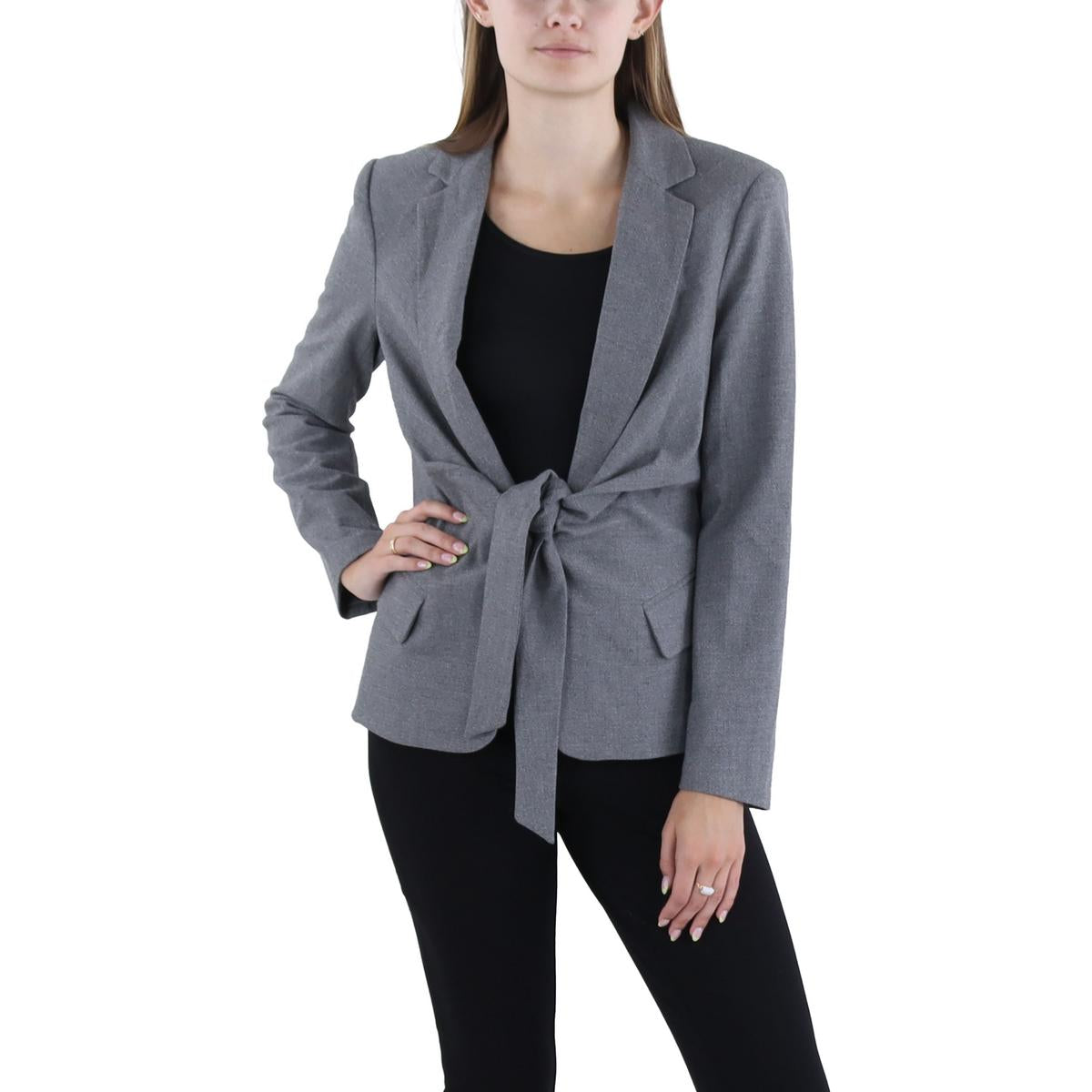 Womens Heathered Tie Front Open-Front Blazer