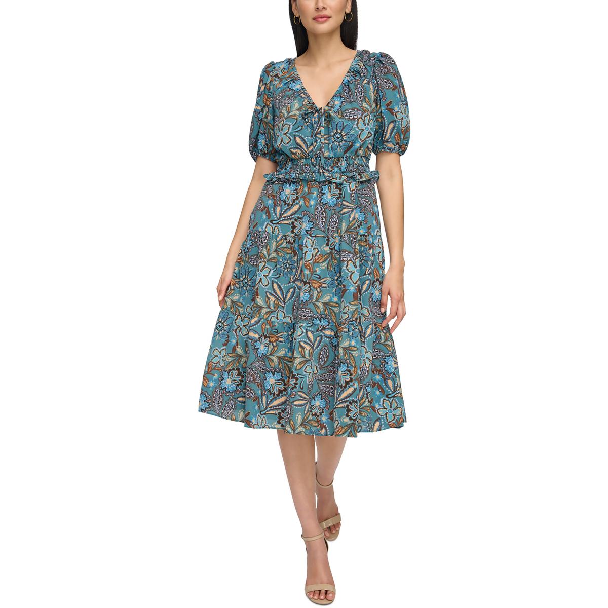 Womens Printed Smocked Midi Dress