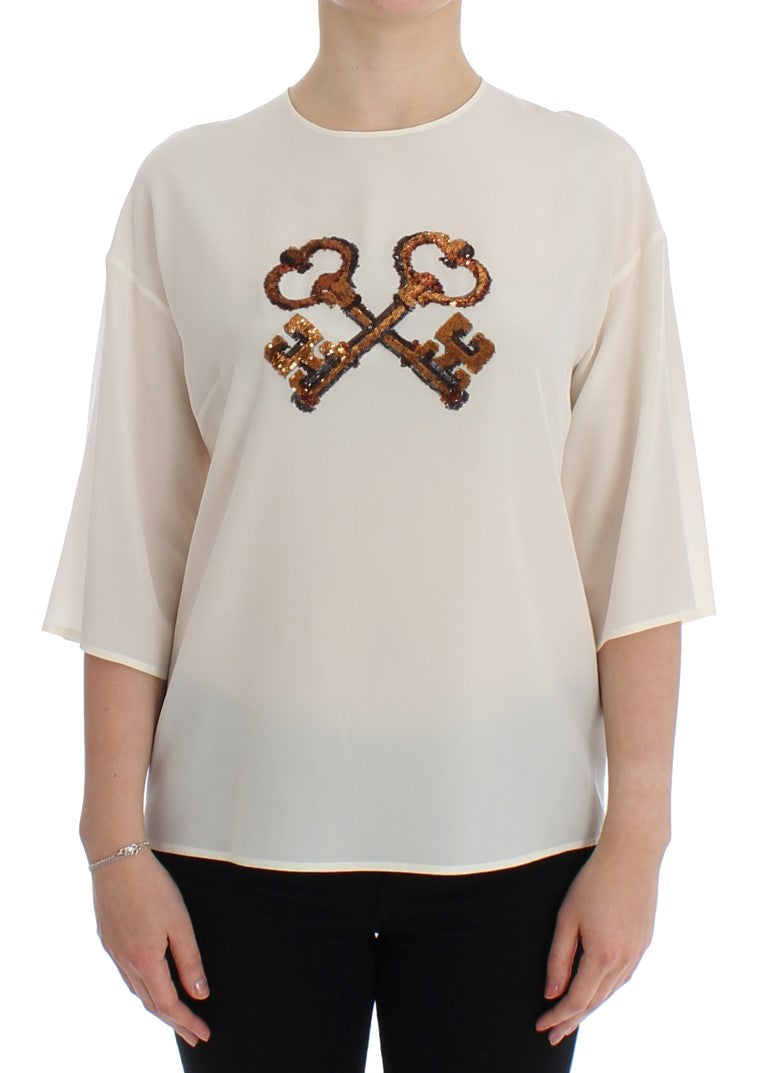 Dolce & Gabbana Ivory Sequined Silk Blouse Women's Top