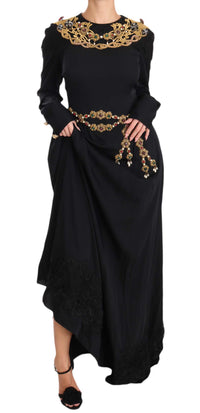 Dolce & Gabbana Elegant Maxi Black Dress with Gold Women's Detailing9