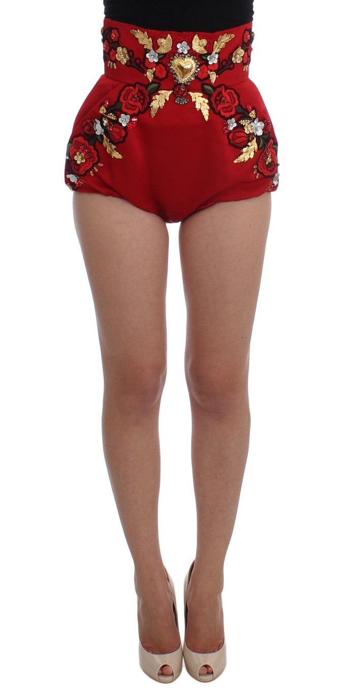 Dolce & Gabbana Red Silk Crystal-Embellished High Waist Women's Shorts