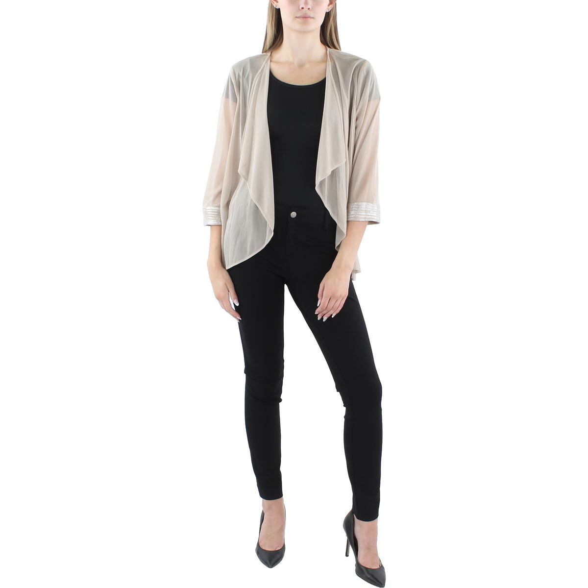 Womens Open Front Metallic Trim Collarless Blazer