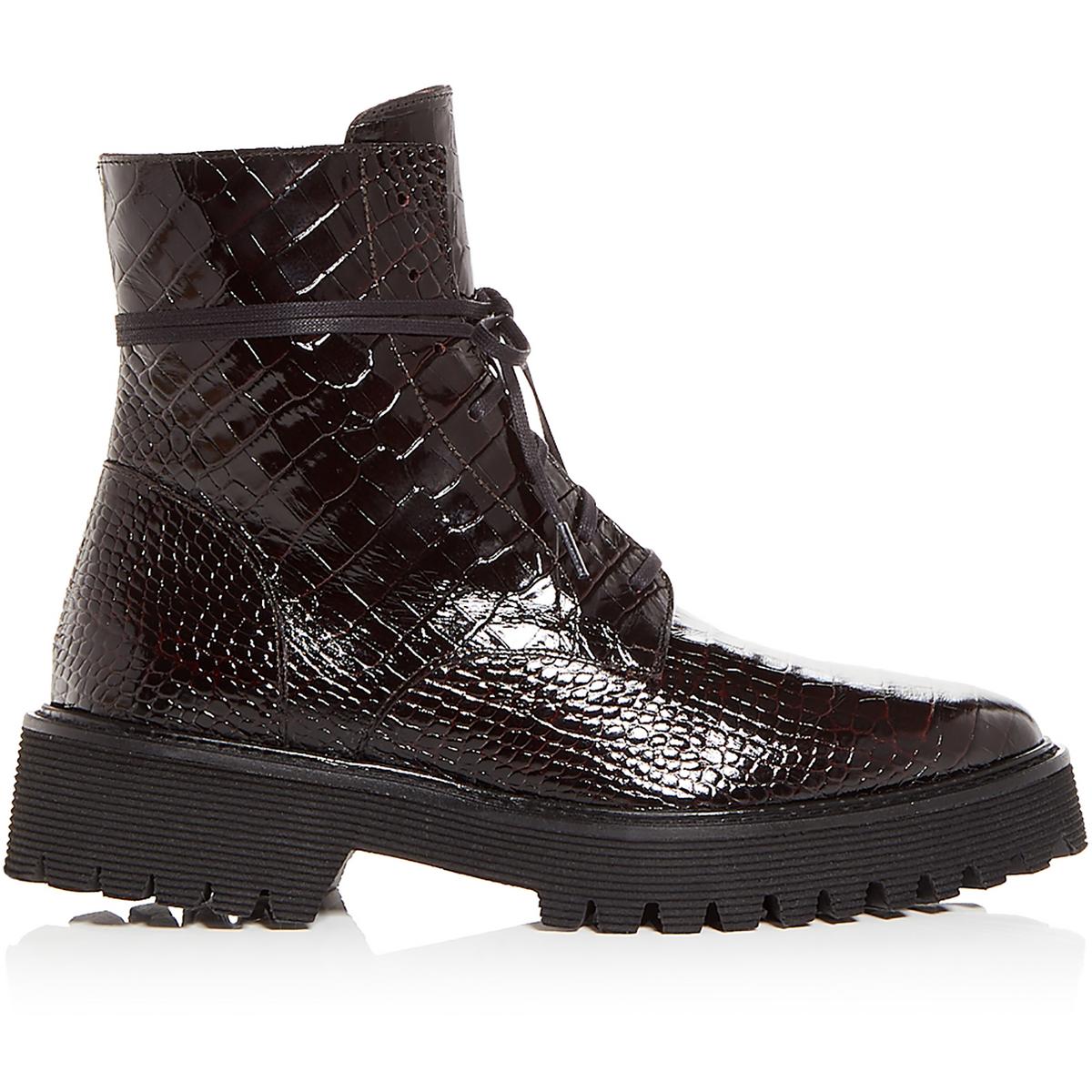 Emi Womens Leather Embossed Combat & Lace-Up Boots