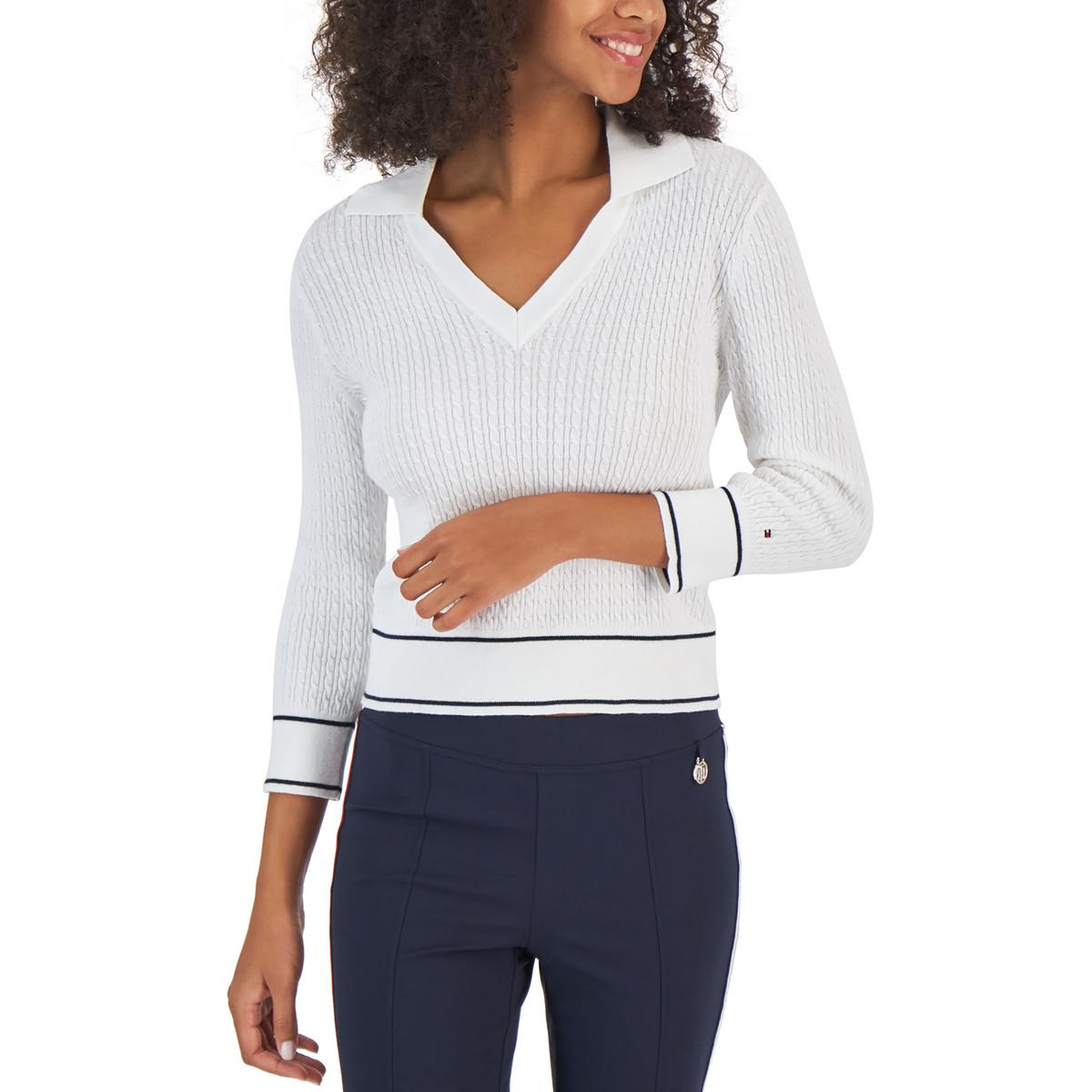 Womens Cable Knit Collared V-Neck Sweater