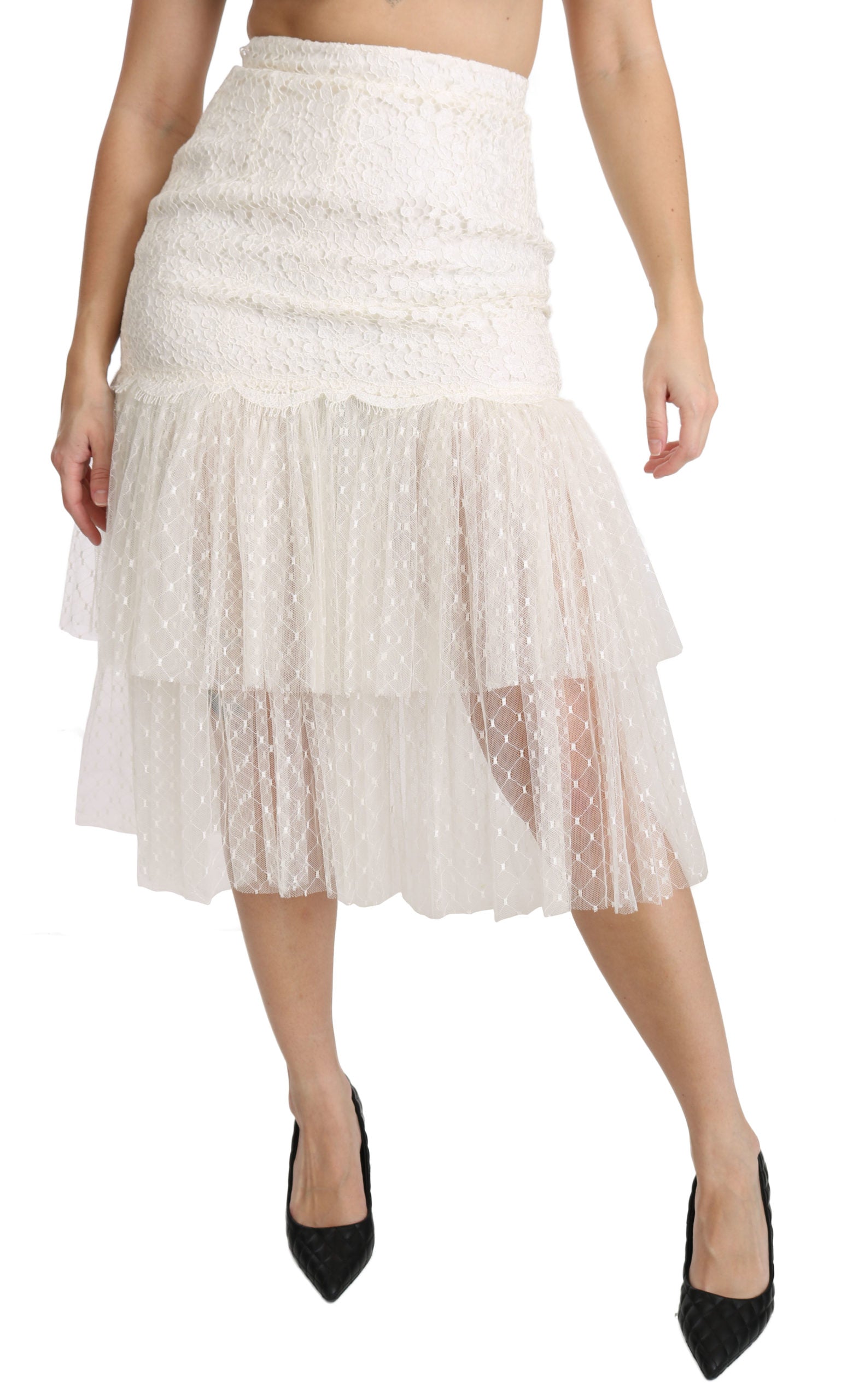 Dolce & Gabbana  White Lace Skirt with Tulle Overlay