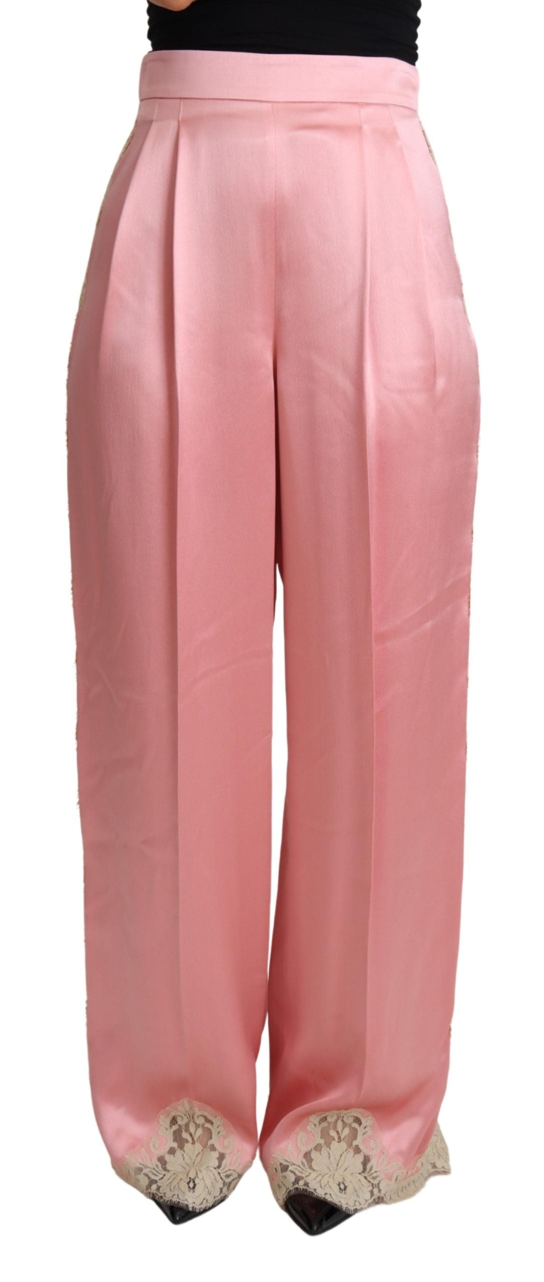 Dolce & Gabbana  Lace Trimmed Satin Wide-Leg Pants - Pink