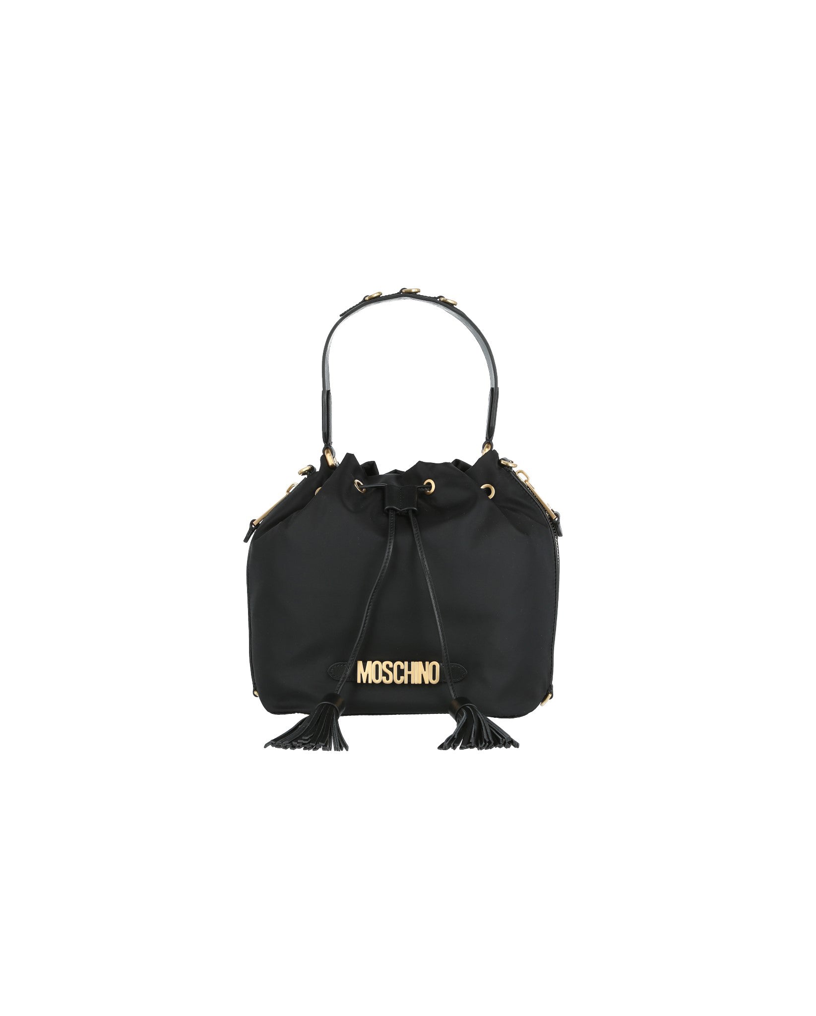 Moschino Womens Logo Plaque Drawstring Bucket Bag