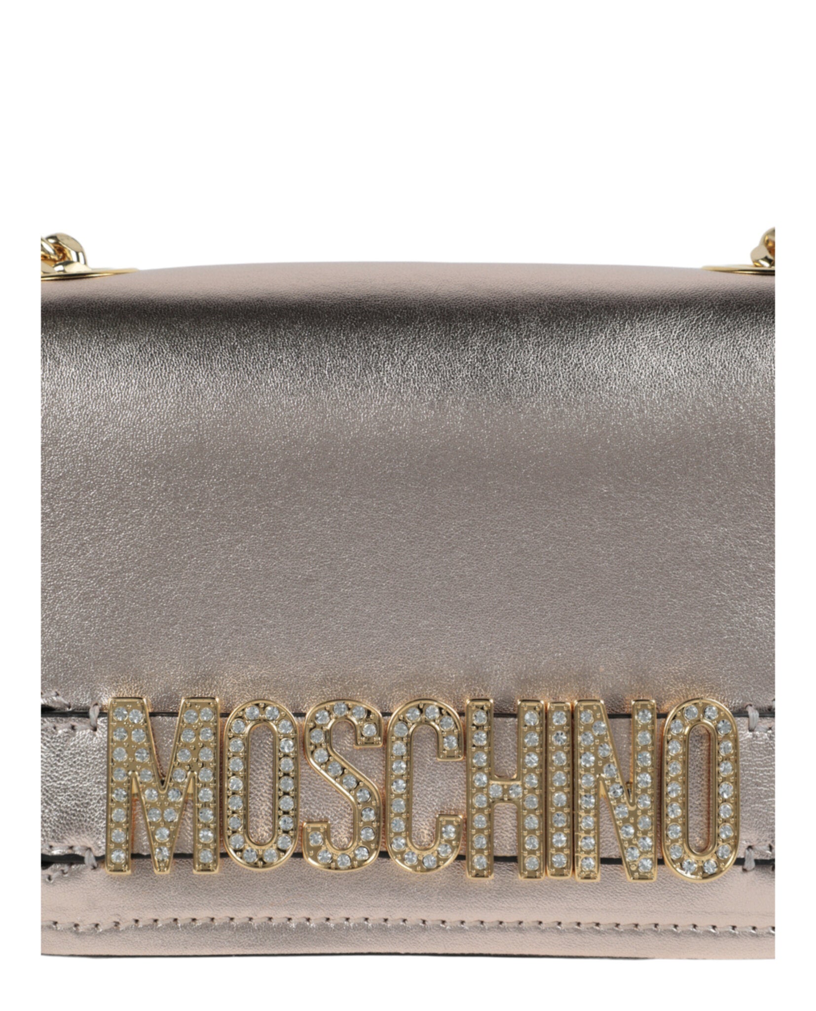 Moschino Womens Metallic Leather Crystal-Embellished Logo Crossbody Bag