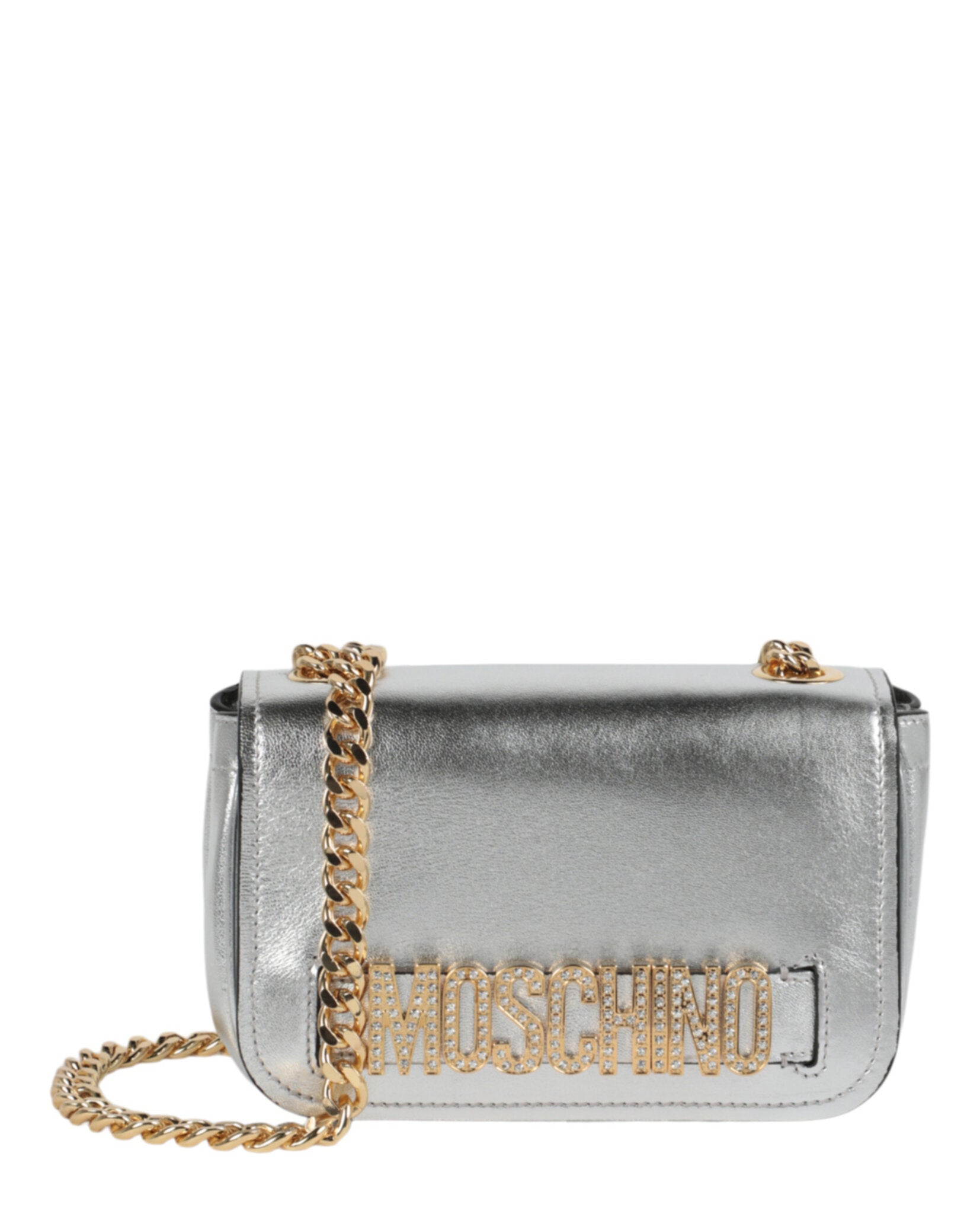 Moschino Womens Metallic Leather Crystal-Embellished Logo Crossbody Bag