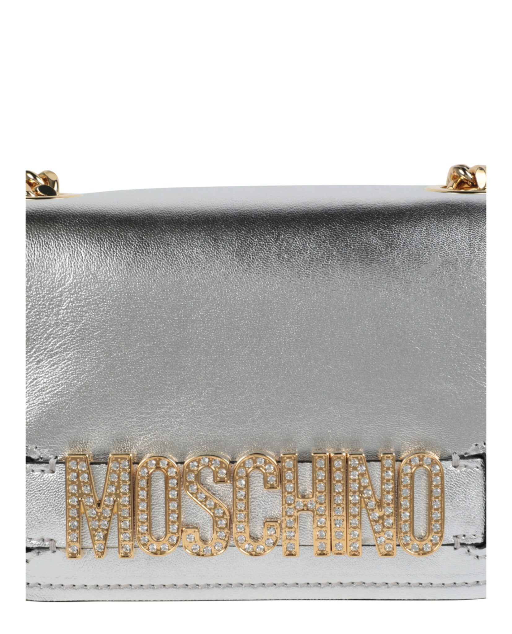 Moschino Womens Metallic Leather Crystal-Embellished Logo Crossbody Bag